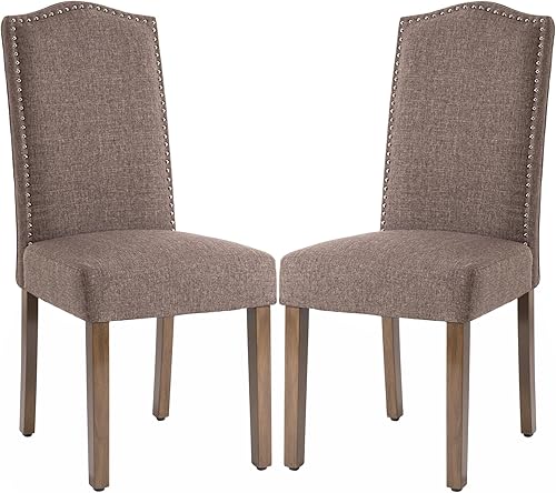 Elegante juego de 6 sillas de comedor tapizadas Parsons con ribete de cabeza de clavo y patas de madera maciza resistentes, color crema