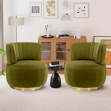 Swivel Barrel Chairs for Living Room Set of 2, 360 Degree Comfy Modern Round Chair Velvet Gold Accent Upholstered Armchair Arm Chair Sherpa for Bedroom Club Office Nursery Silla para SalaGreen