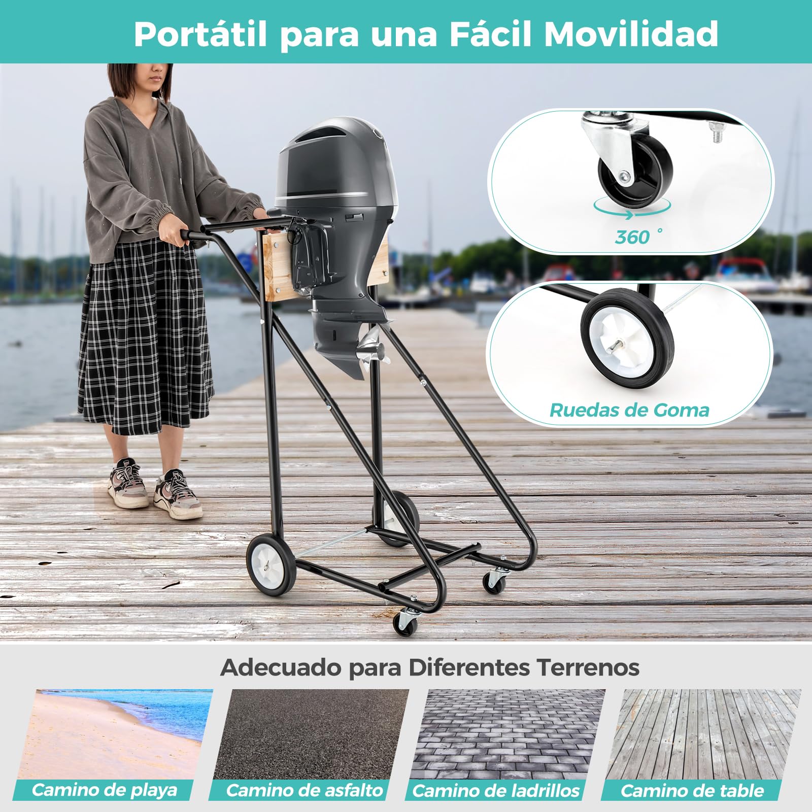 GYMAX Soporte Motor Fueraborda, Carro con 4 Ruedas, Asas de Fácil Agarre, Marco de Metal Sólido, Capacidad de Peso de 150 kg, Soporte para Motor Multiusos