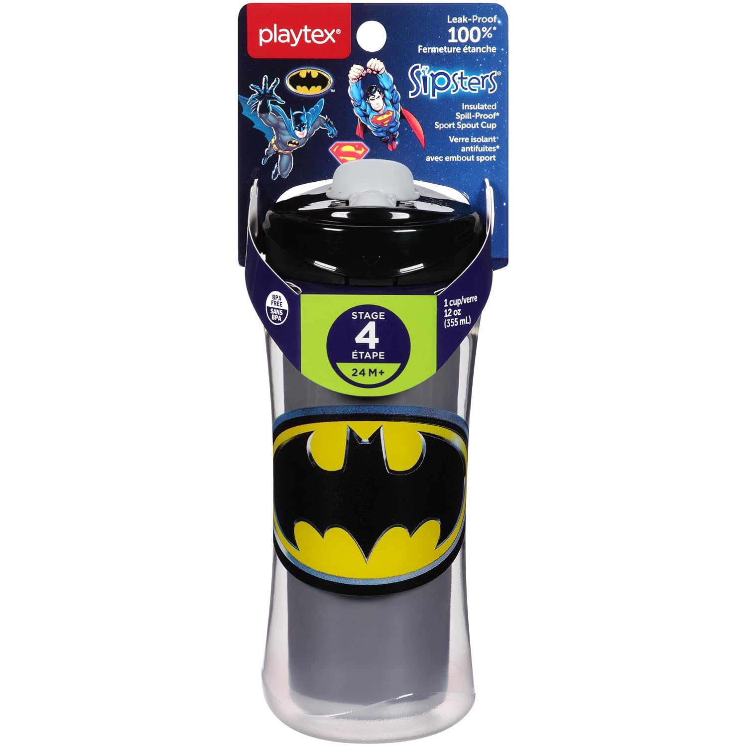 Playtex Sipsters Stage 4 Super Friends Spill-Proof, Leak-Proof, Break-Proof Insulated Sport Spout Sippy Cups - 12 Ounce - 1 Count (Color/Theme May Vary)