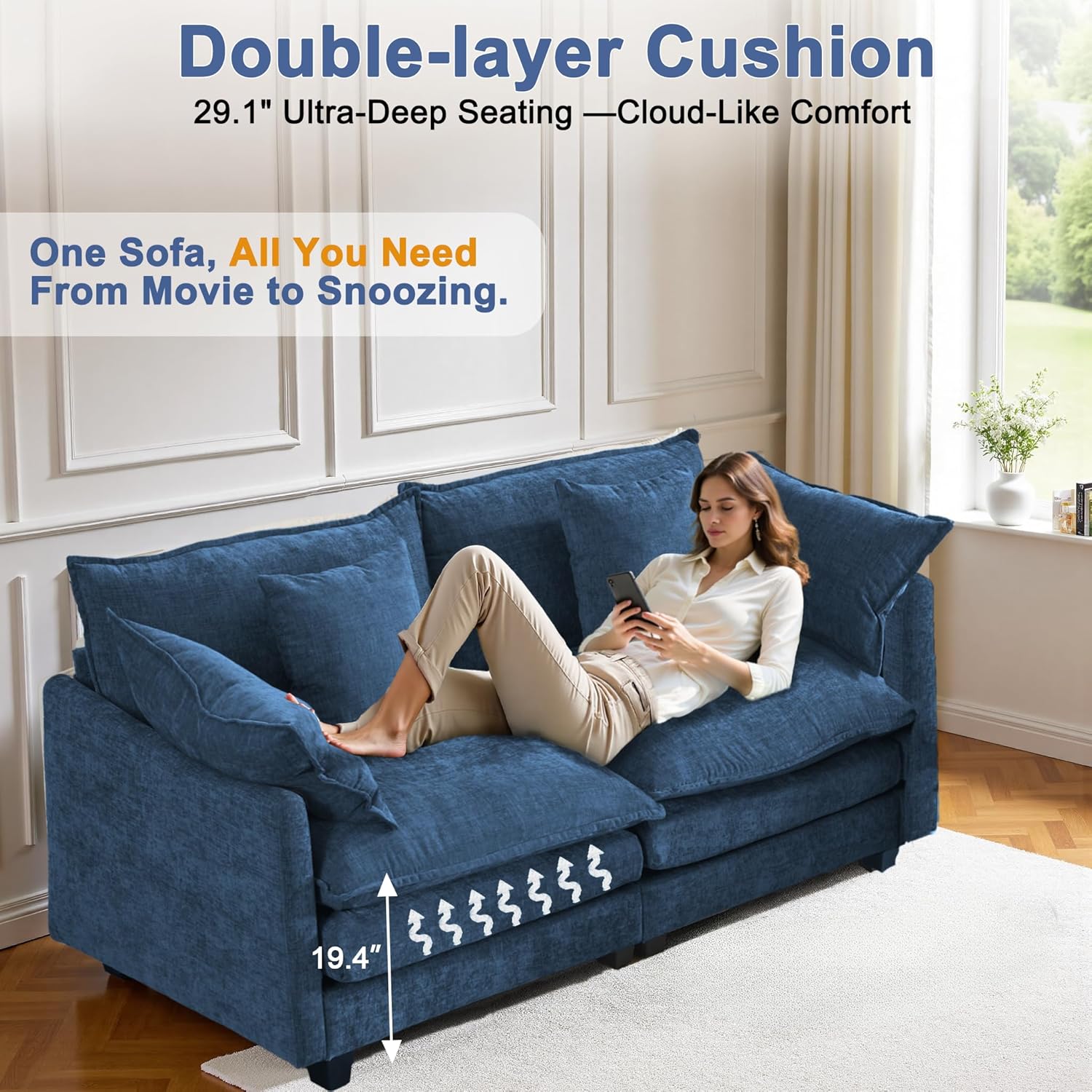 77" Cloud Chenille Sofa Set with Pillows, Deep Seat Loveseat Couch for Apartments, Space Saving 2-Seater with Solid Wood Frame, Easy Assembly (1YR Guarantee)​