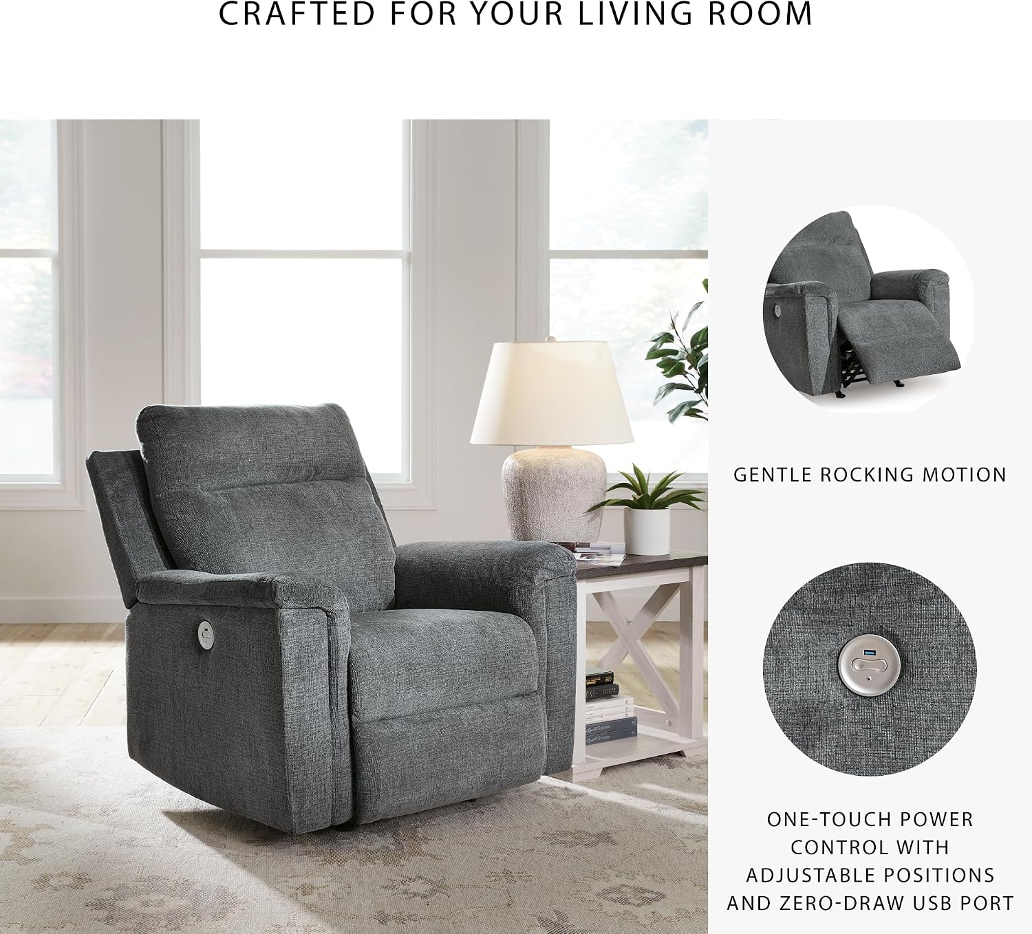 Signature Design By Ashley Barnsana Casual Power Recliner with Rocking Motion and USB Port, Gray