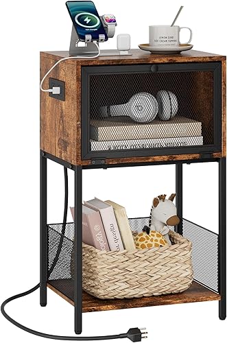 Mesa auxiliar de 3 niveles, mesa auxiliar industrial retro pequeña, soporte de estante pequeño con espacio de almacenamiento, mesa de estante de