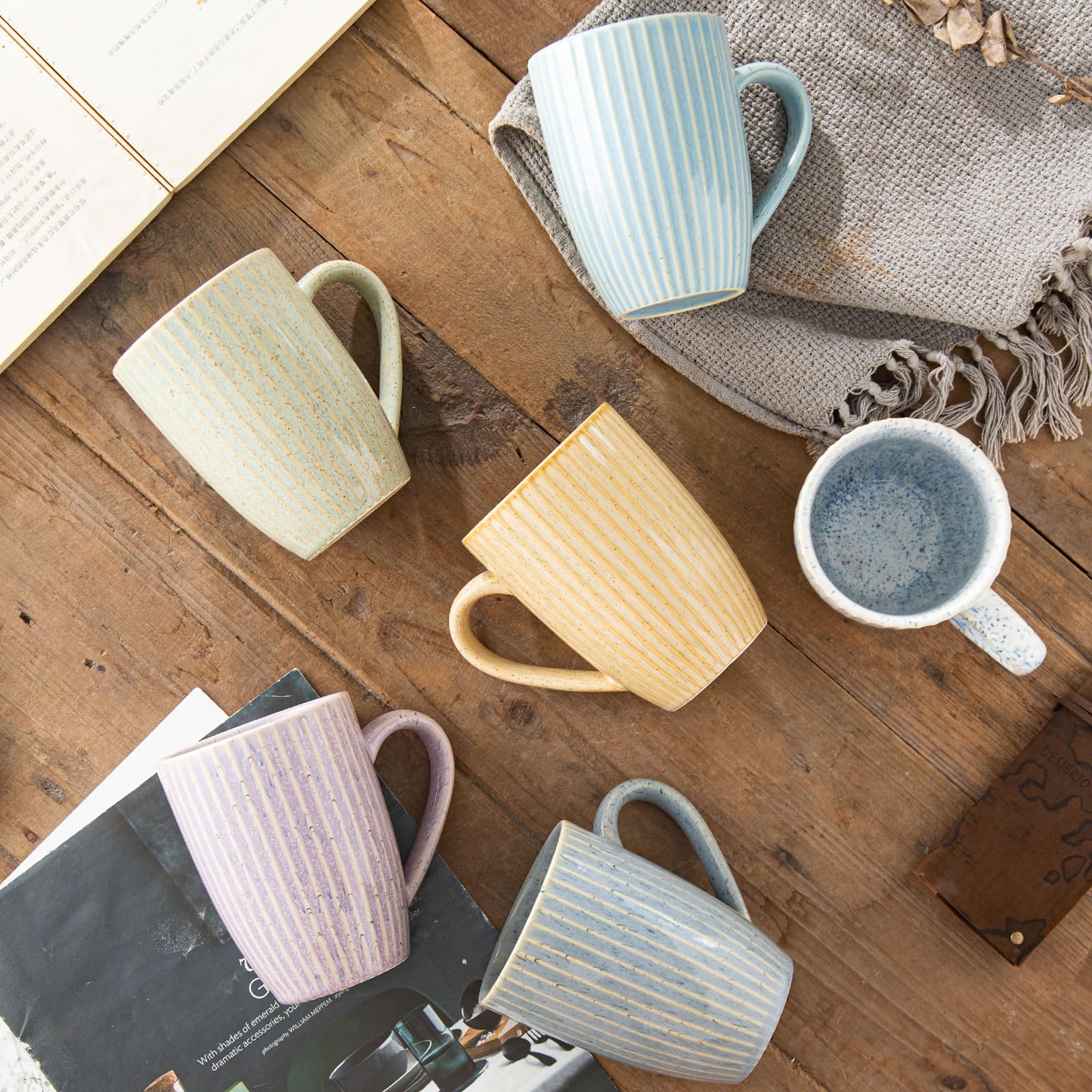 Yundu - Juego de 6 tazas de café de 16 onzas, tazas de café grandes, taza de cerámica con asa, tazas de enemigo Latte, té, capuchino, varios colores