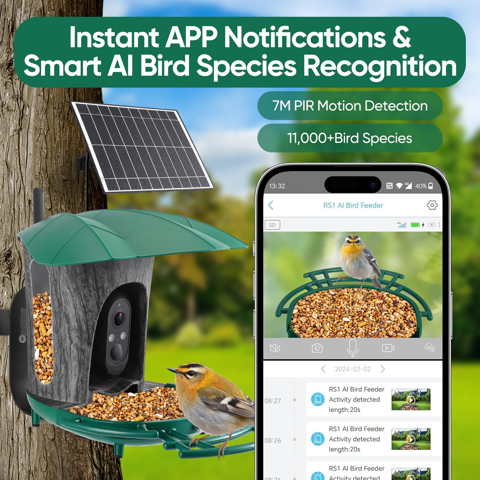 Mangiatoia per uccelli con fotocamera, a energia solare, per esterni, 1080p, resistente alle intemperie, IP66, tracciamento AI di oltre 10.000 specie di uccelli (verde scuro)