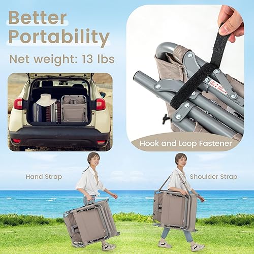 Miniatura 6 de Goplus Silla de bronceado, silla plegable de playa al aire libre con agujero para cara y brazo, correa de transporte, almohada, bolsillo lateral,