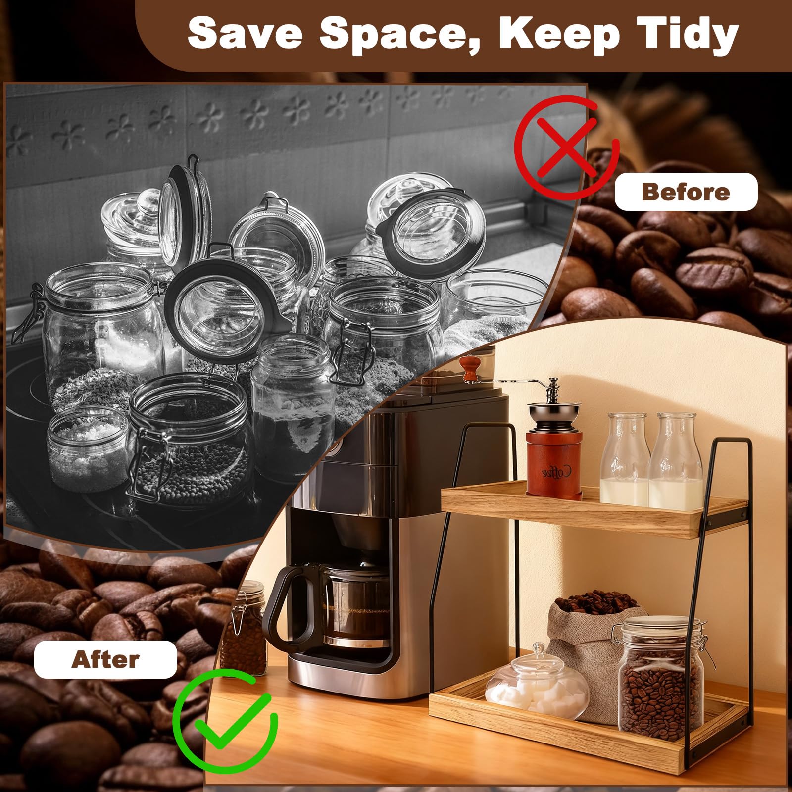 2 Ripiani Portaspezie Salvaspazio per Cucina, Organizer per Angolo Caffè in Legno, Porta Spezie Piano di Lavoro, Organizzatore Condimenti Bar, Scaffale da Cosmetici per Bagno, Casa, Ufficio, Scrivania