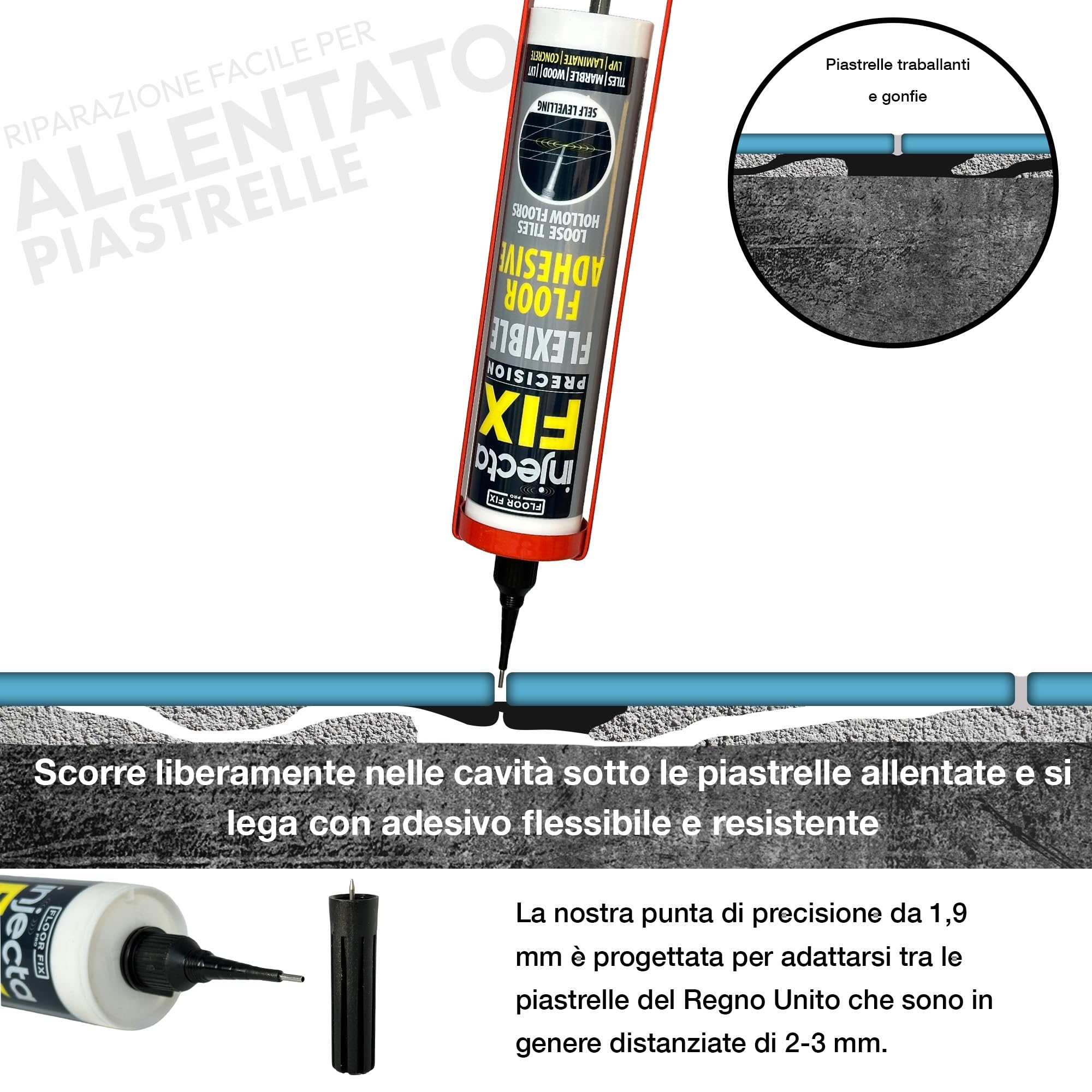 Injectafix 300ml | Ripara Piastrelle Senza Rimuoverle | Punta Iniezione 2mm per Fughe Strette | Adesivo Invisibile per Pavimenti Stabili, Copolimero Modificato