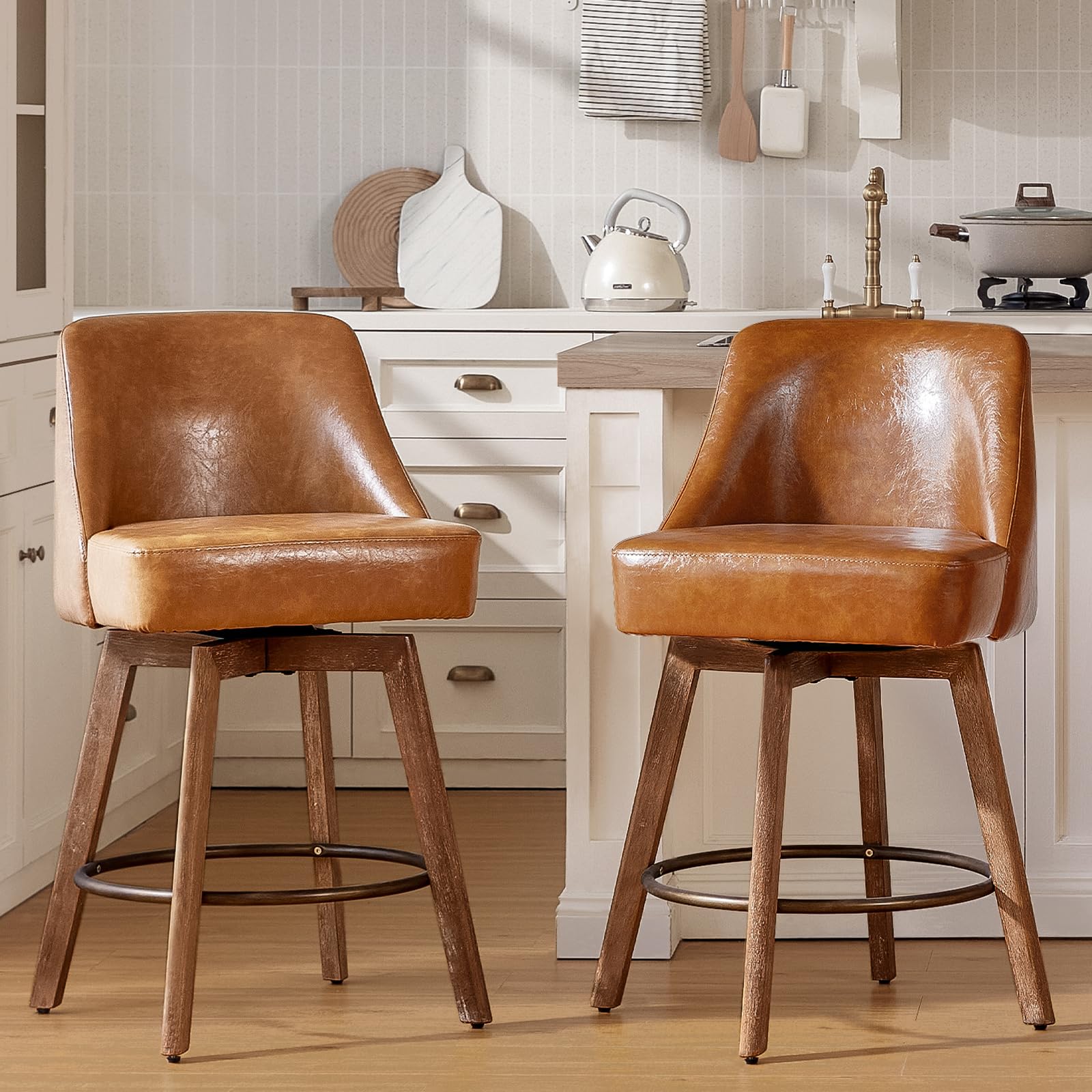 Counter Height Bar Stools,Brown-Colored Faux Leather Comfort Fabric Bar Stool Set of 2?360° Swivel Counter Height Stools Solid Wood Legs,27'' Barstools with Contoured Backrest