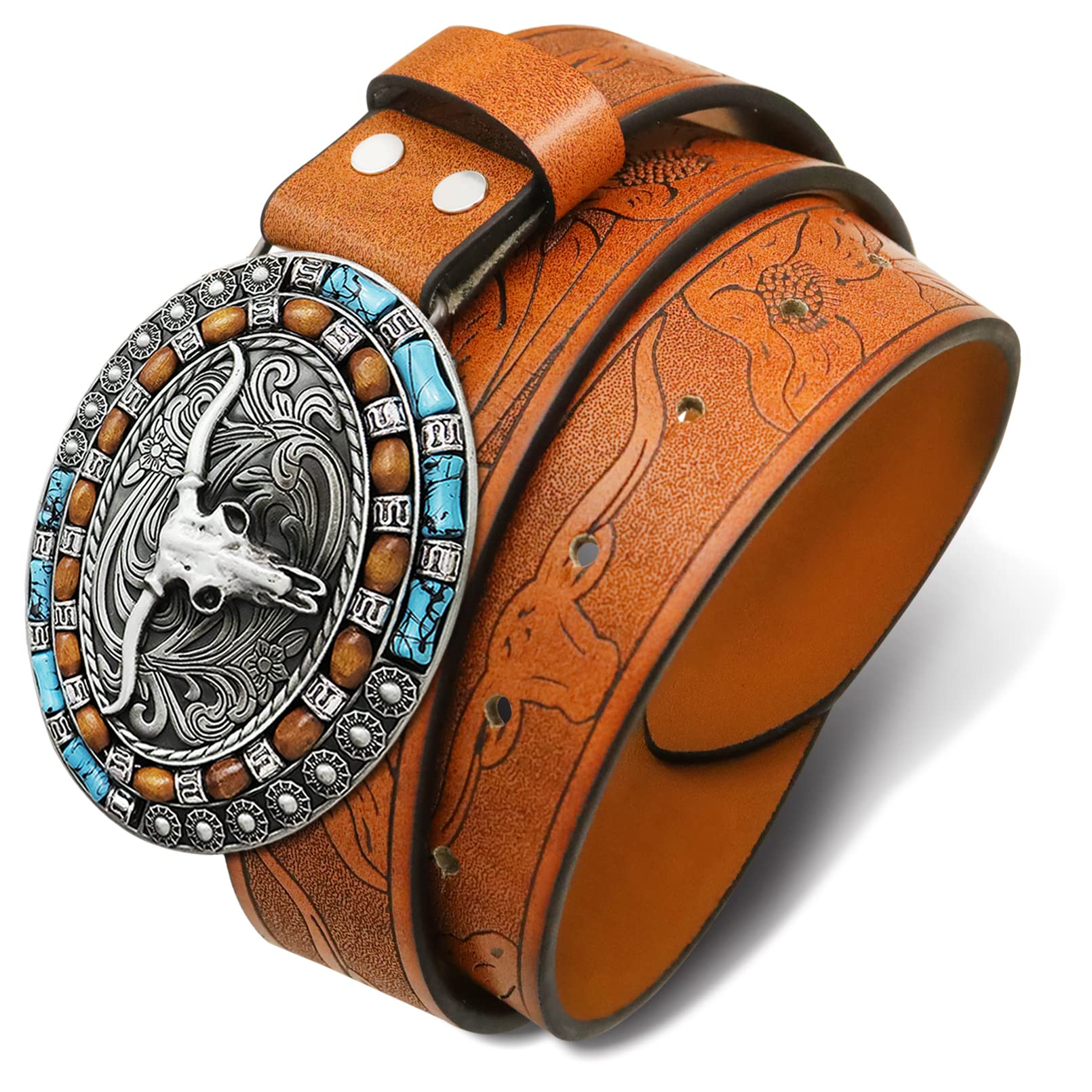 RechicGu Mens Western Leather Buckle Belt, Bull Head Engraved Brown Cowboy Belts With LongHorn Bull Buckles, 1-1/2 Inch Wide