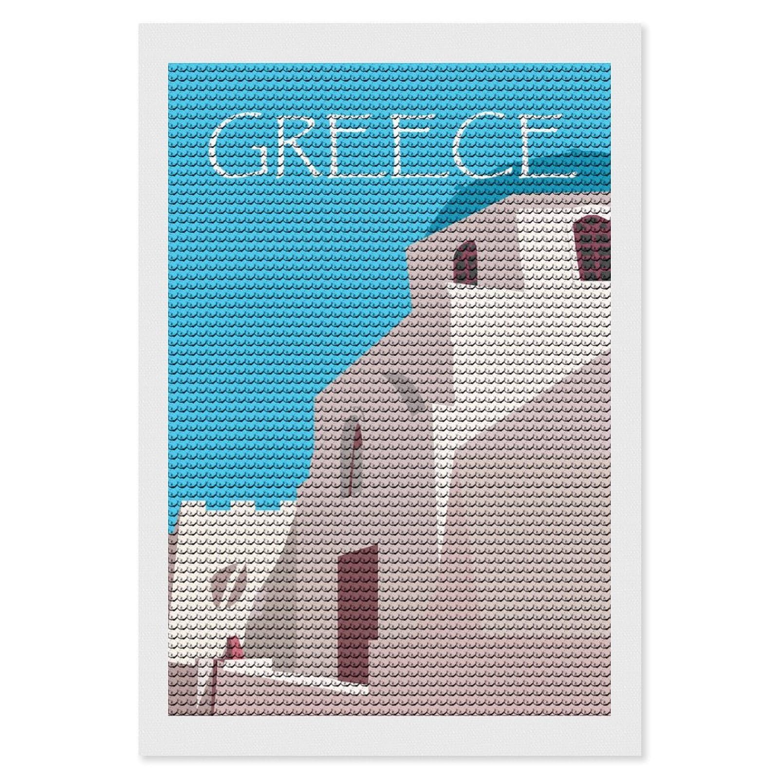 Junmoney Greece Church Illustration Diamond Painting Kit 8"x12", Thoughtful Handmade Gift, for Creative Relaxation, Printed Canvas, Cosy Home Accent