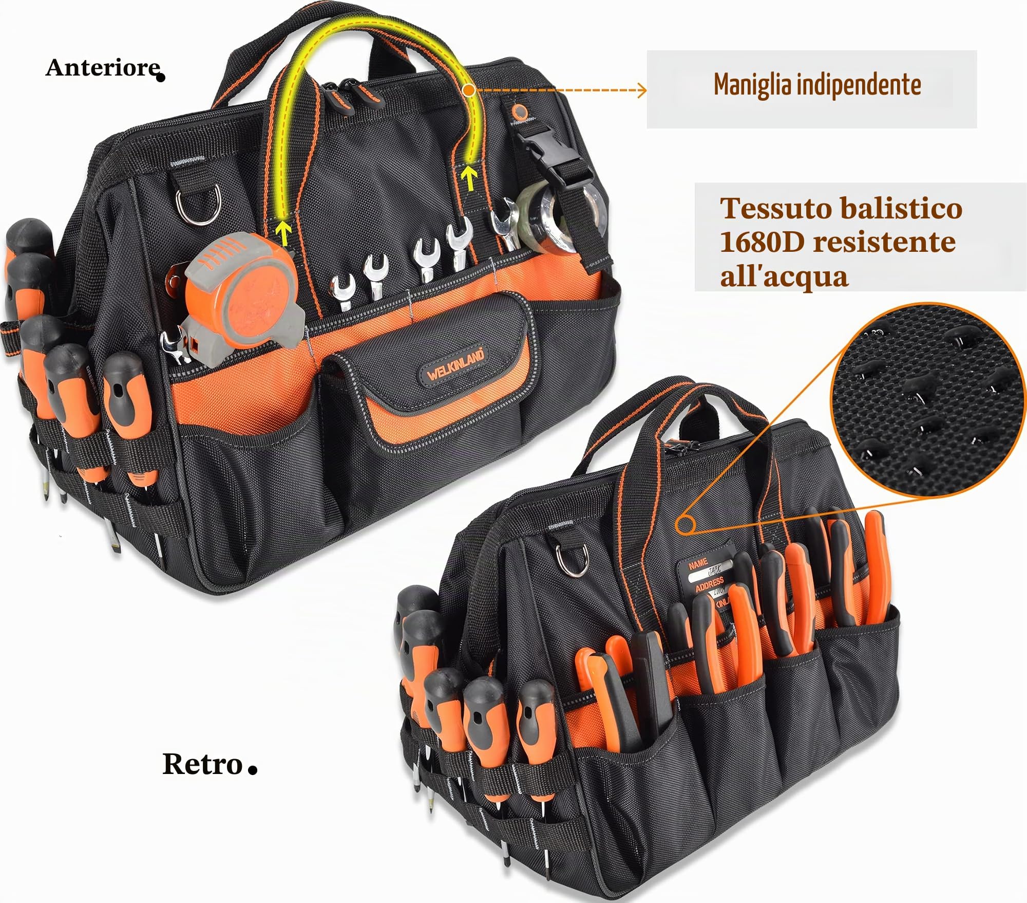 WELKINLAND Borse per attrezzi da 16" con 32 tasche, resistente e impermeabile, ideale per uso intensivo e professionale