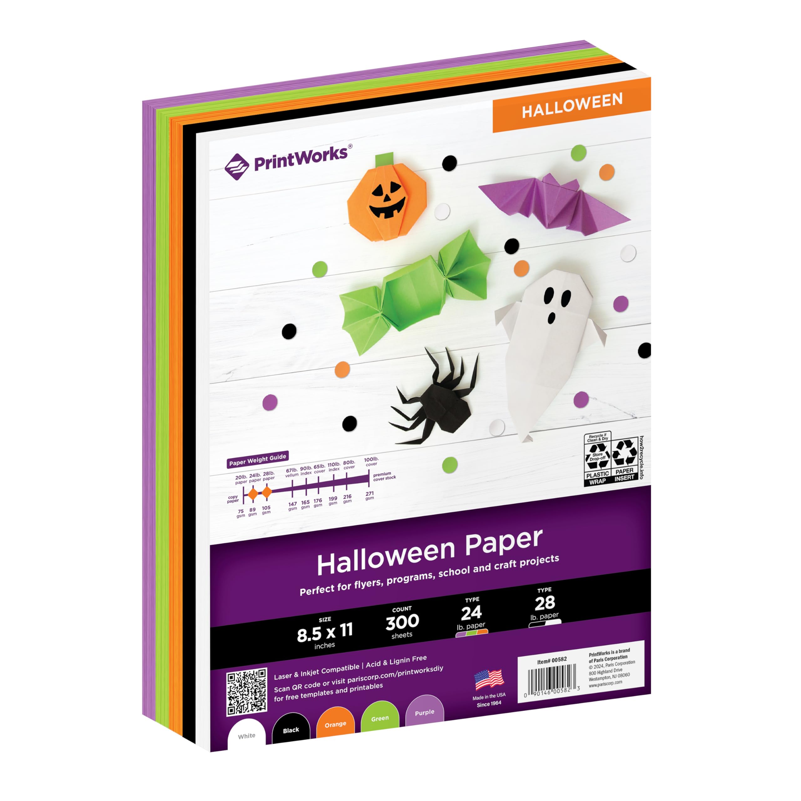 PrintWorks Halloween Paper 8.5" x 11" - 300 Sheets - 5 Assorted Colors - Ideal for School & Craft Projects - Made in the USA - FSC® Certified - 24 lb/