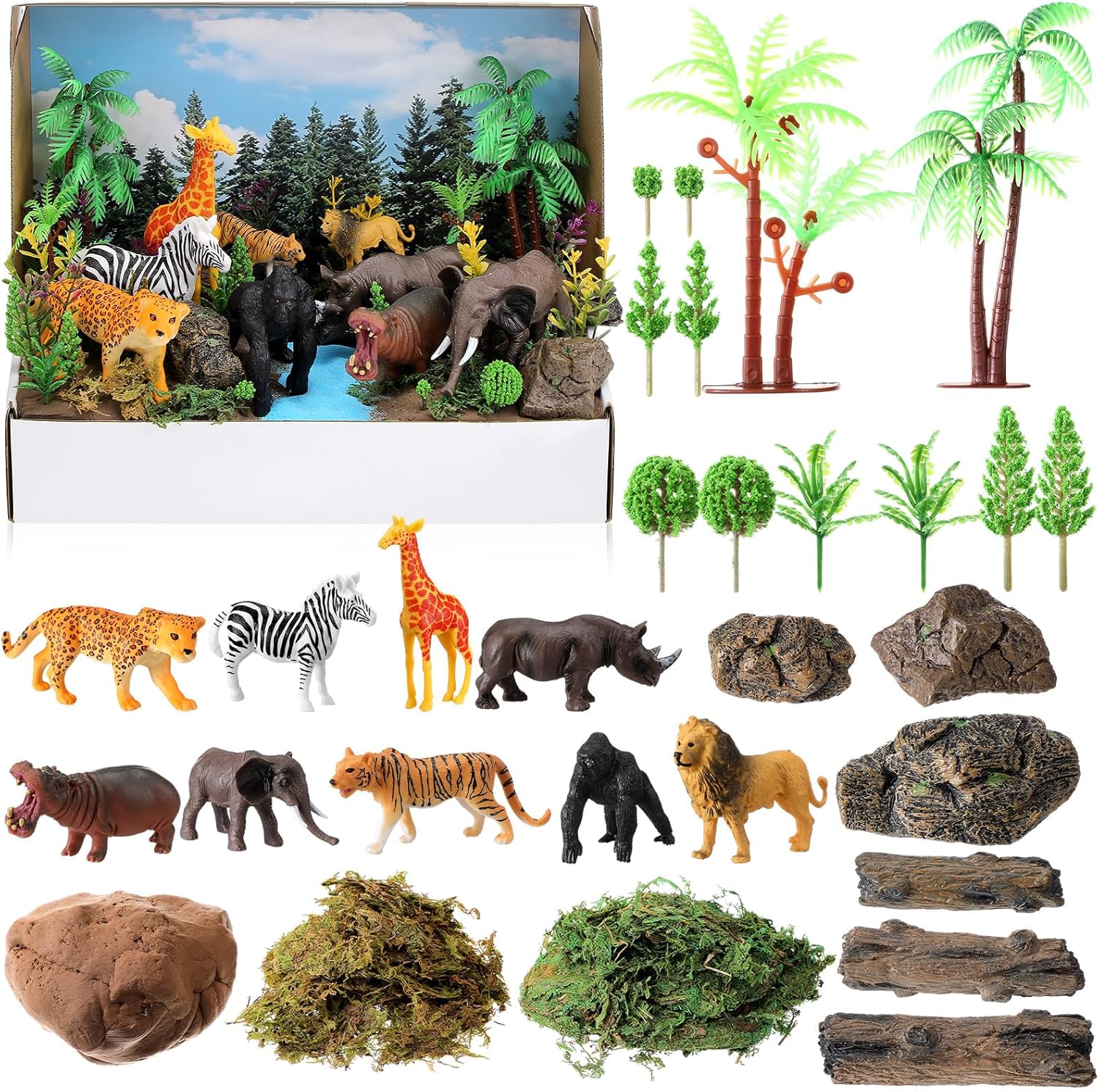48 Pcs Jungle Diorama Kit Habitat Project Box Set Jungles Diorama Supplies Include Woodland Animal Model Figures Artificial Trees Fake Rocks with Gift for DIY Crafts Birthday Gifts