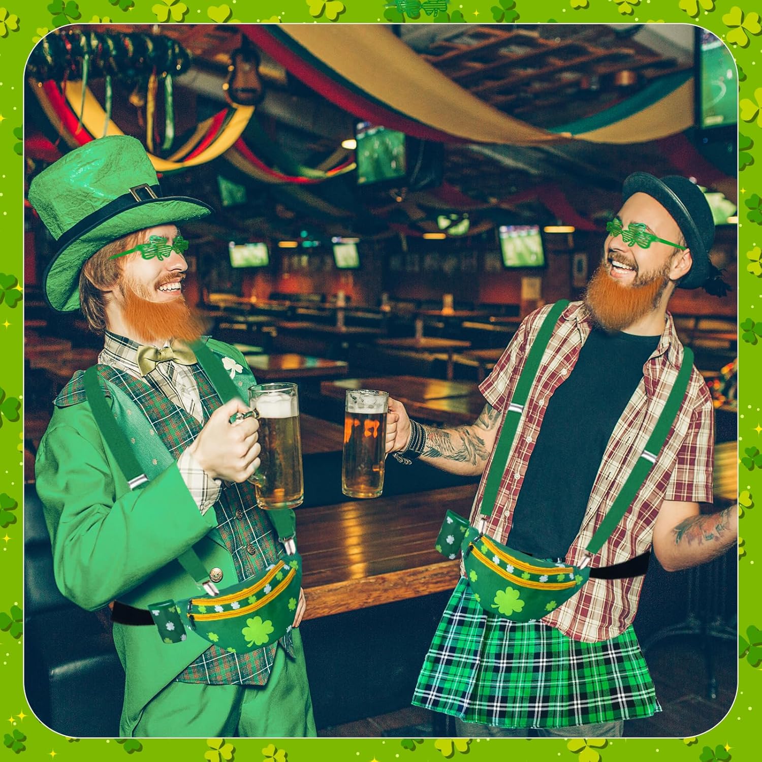 7 Pcs St. Patrick's Day Costume Kit leprechaun Costume Include Irish Plaid Green Kilt Suspenders Green Fanny Pack with Hat Sock Glasses Fake Beard for Irish Costumes Accessories Men Women - Image 7