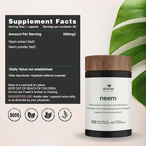 Miniatura 6 de AKSHAR Ayurveda - Cápsulas de neem con extracto de neem y polvo de hoja de neem, suplemento de neem a base de hierbas para apoyar la salud y