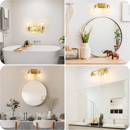 Miniatura 5 de EDISHINE Lámparas de baño, 2 luces doradas de tocador, apliques de pared modernos con pantallas de vidrio transparente para baño, tocador, tocador,
