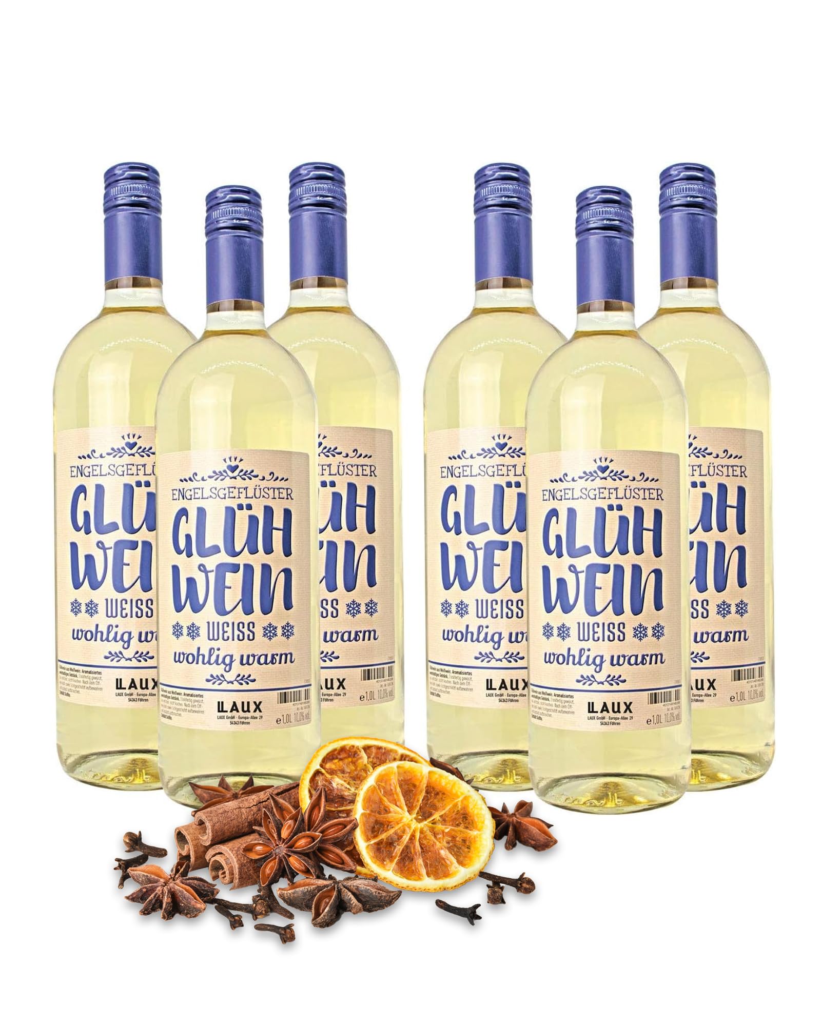 LAUX Weißer Glühwein (6 x 1l) | Weihnachtlich Aromatischer Glühwein | Fruchtig-Würzig Mit Hochwertigen Zutaten - Weihnachtsgeschenke (9,5% Vol.)