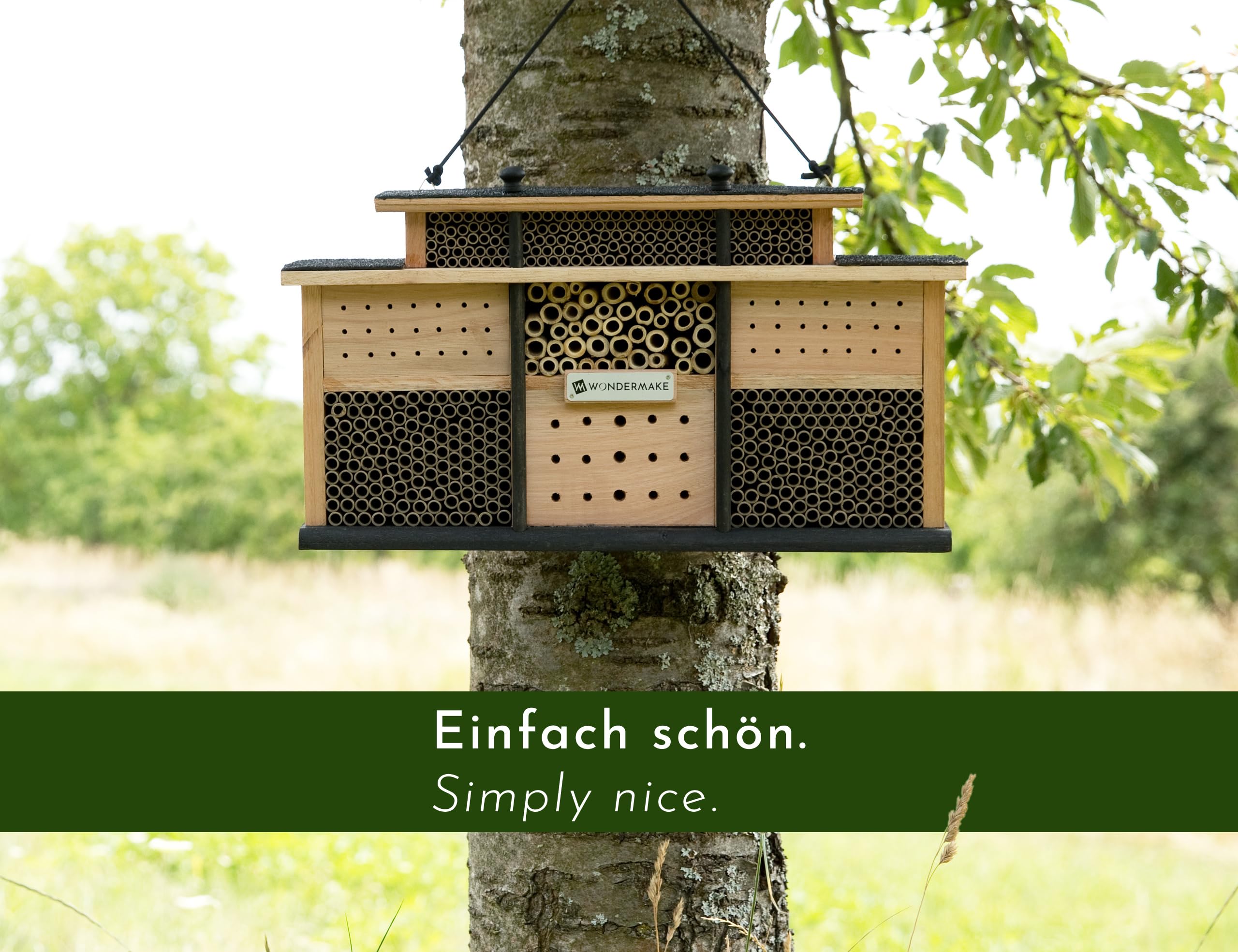 Design Insektenhotel aus Holz mit 7 Zimmern und Terrasse, Bienenhotel groß hängend Nisthilfe für Wildbienen, braun schwarz