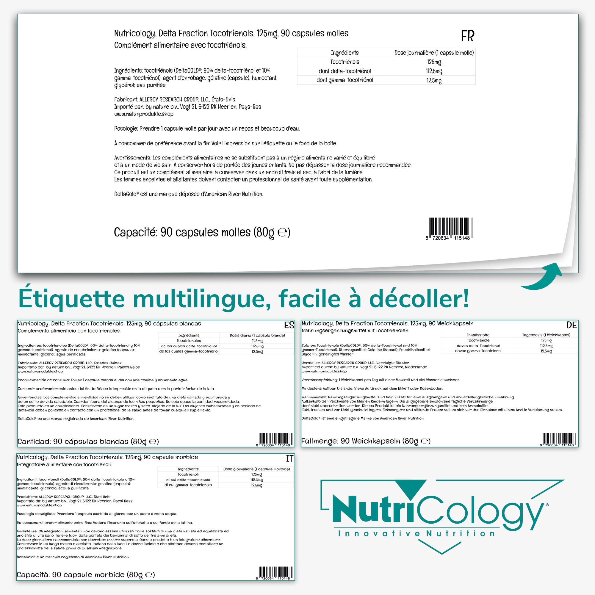 Nutricology, Delta Fraction Tocotrienols (Tocotrienols), 125mg, 90 Capsules molles, Sans Gluten, Sans Soja, Sans OGM