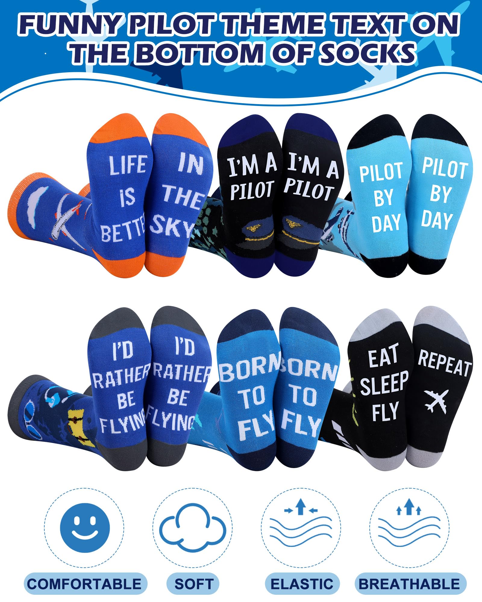 Halfchet 6 Pairs Novelty Airplane Crew Socks for Men Funny Plane Pilot Aviation Gifts for Father Day Dad Grandpa Gifts