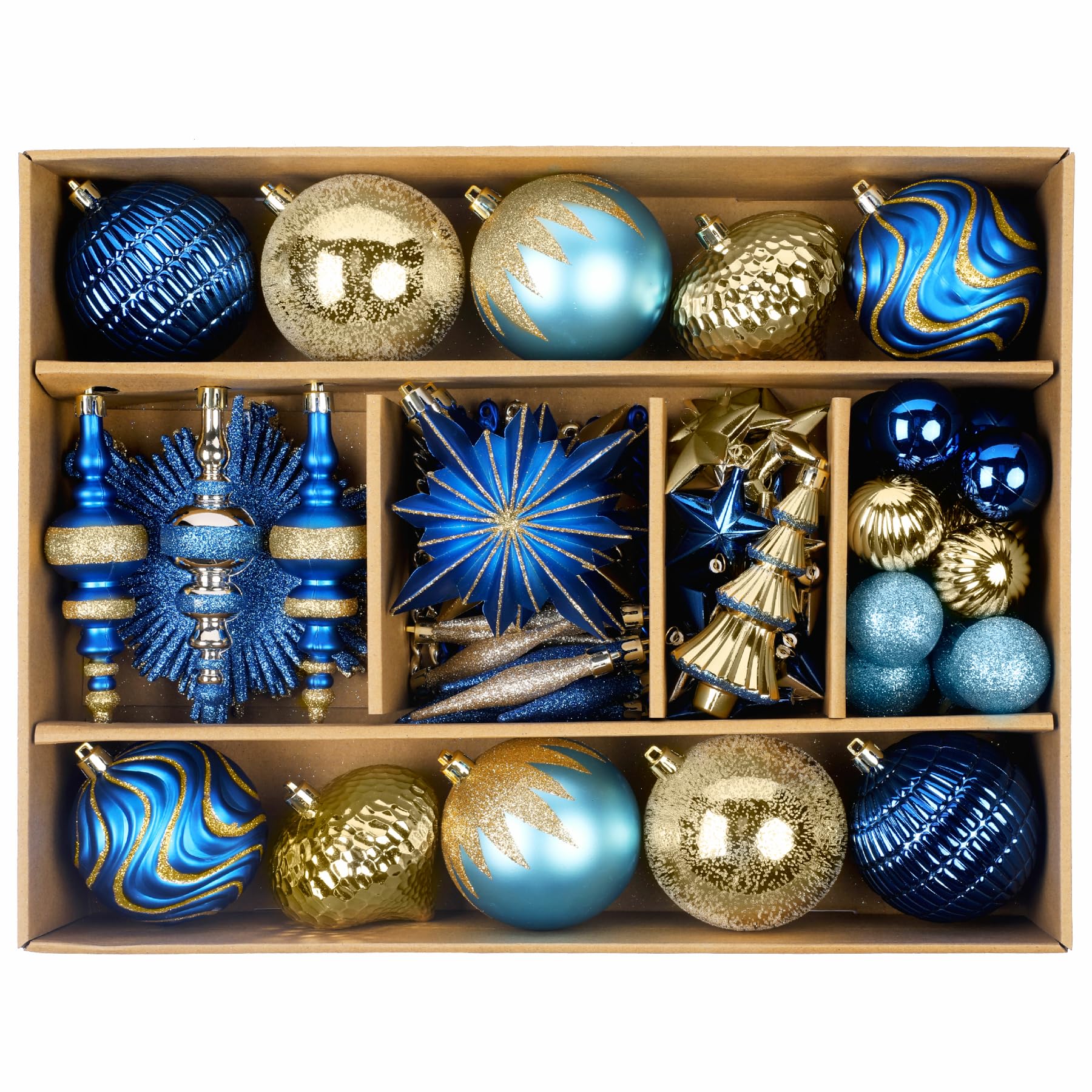 SHareconn Bolas de Navidad, 80 Unidades, 4-12,5 cm, Bolas Doradas de plástico irrompible para Adornos para árboles de Navidad, Decoraciones para Fiestas, con cordón para Colgar, Azul Dorado