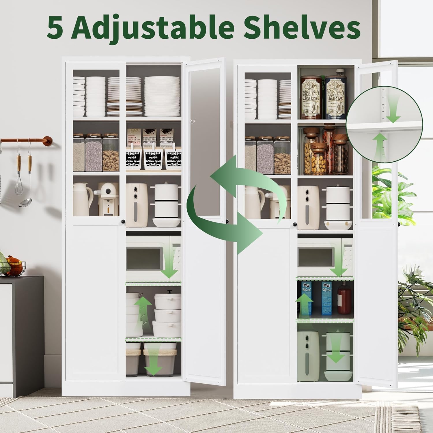 4-Piece Modern Metal Sideboard and Pantry Set,Built in Cabinets for Living Room Kitchen Cabinet Set, Adjustable Shelves, White