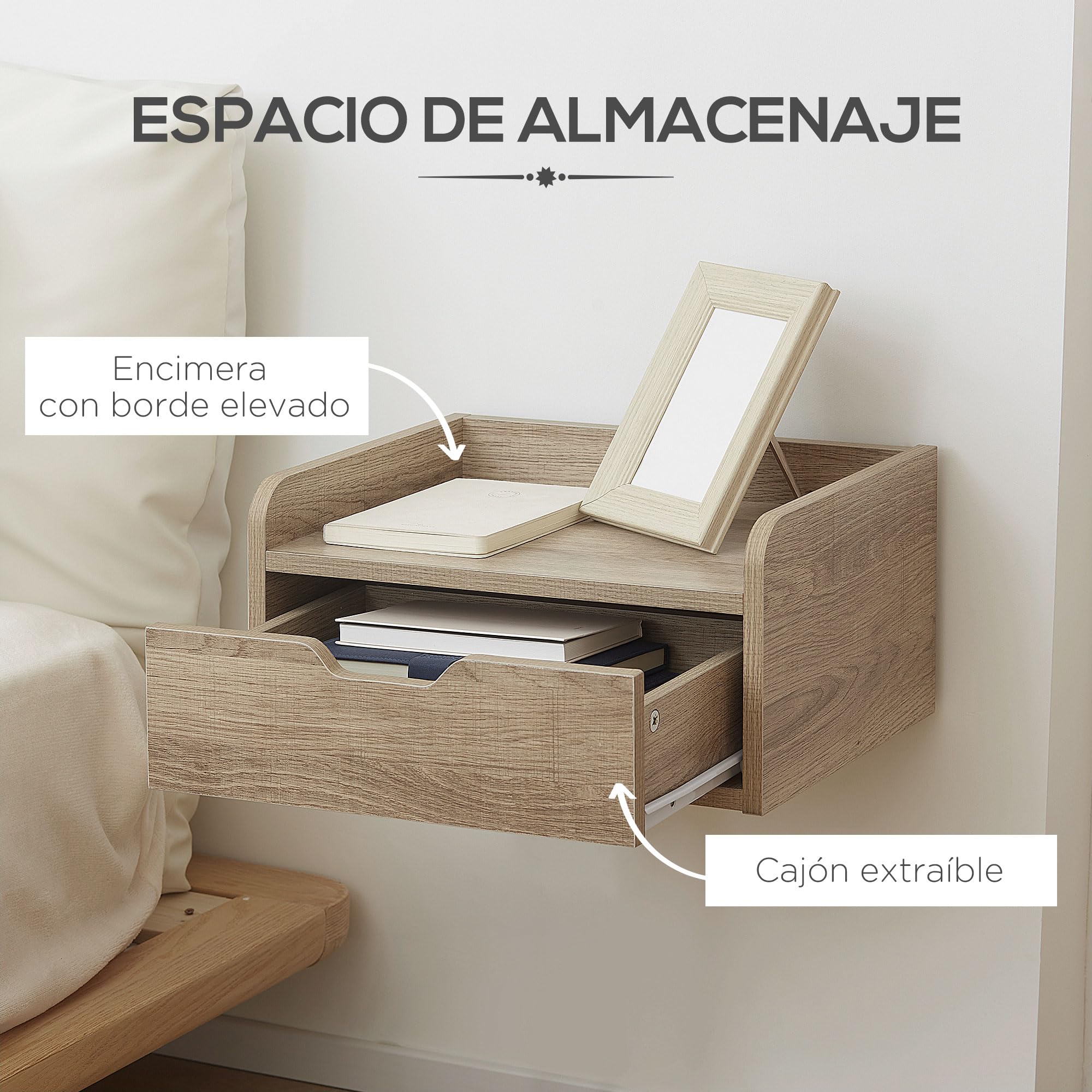 HOMCOM Set de 2 Mesitas de Noche Flotantes con Cajón Madera Natural