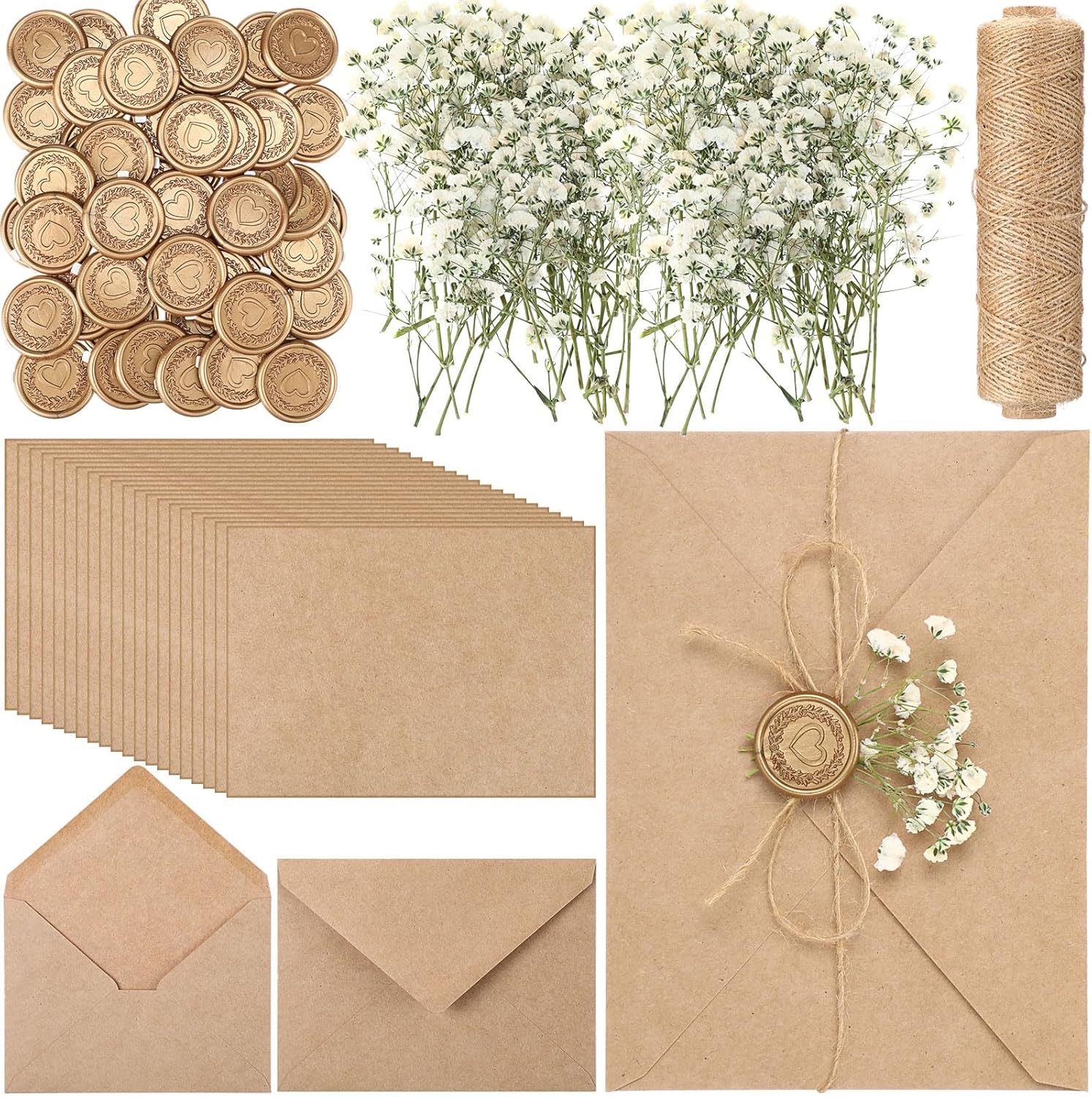 100 Sets Wedding Invitations Wraps Set Pre Folded Vellum Jackets for 5 x 7 Invitations Self Adhesive Gold Wax Seal Stickers Dried Baby's Breath Flowers Ribbon for Wedding Craft DIY