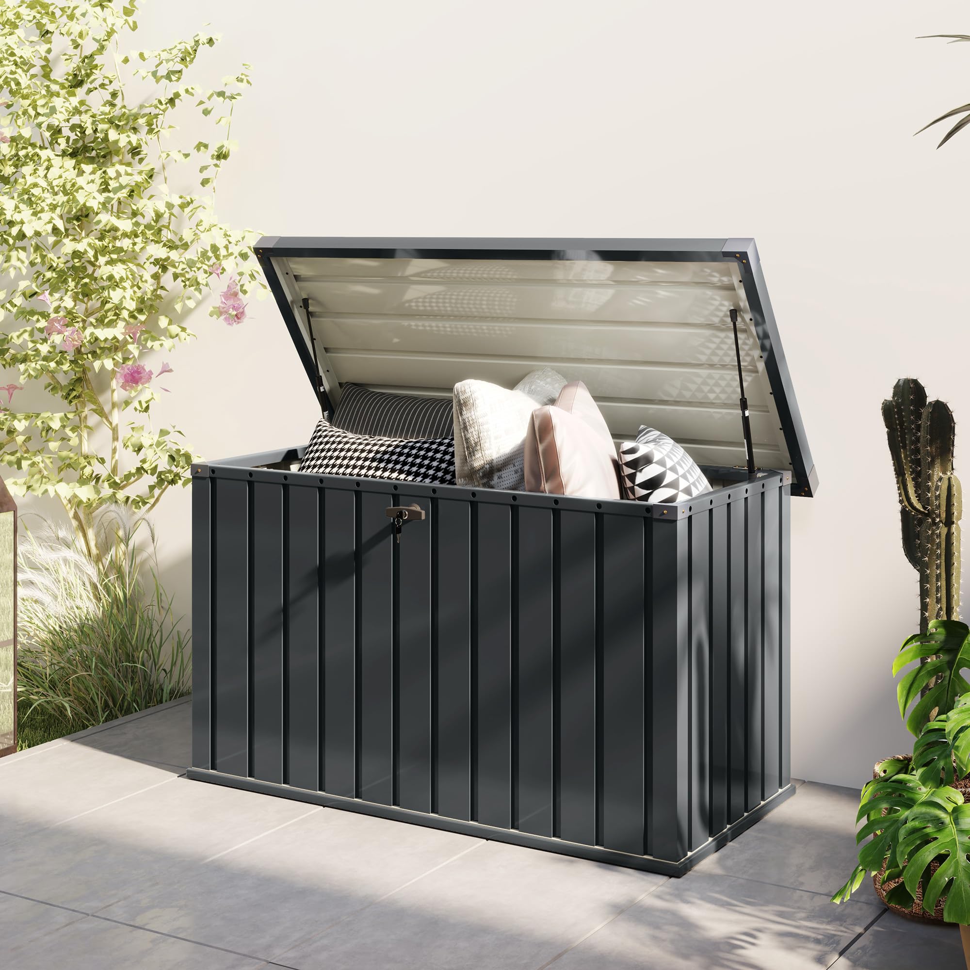 Outsunny Baule da Esterno da 400L con Coperchio a Doppia Leva, Serratura e 2 Chiavi, Cassapanca Contenitore da Esterno Impermeabile in Acciaio Zincato, 124x66x72 cm, Grigio Scuro