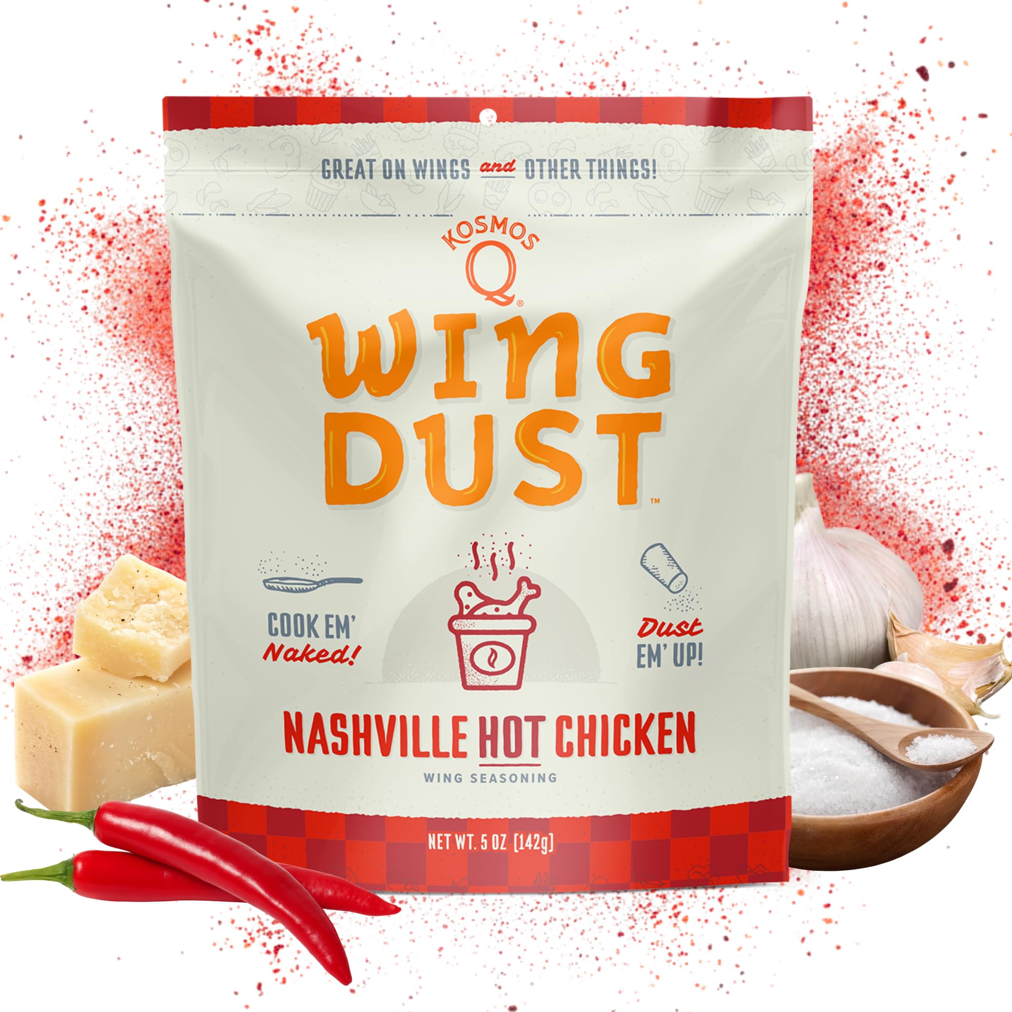 Kosmos Q Nashville en Seasoning Wing Dust, Savory & Spicy Chicken Seasoning For Wings, Fries, Popcorn, Dips, Crackers & More, Dry Rub Dust With Classic Nashville Heat And Buttery Kick, 5 Oz