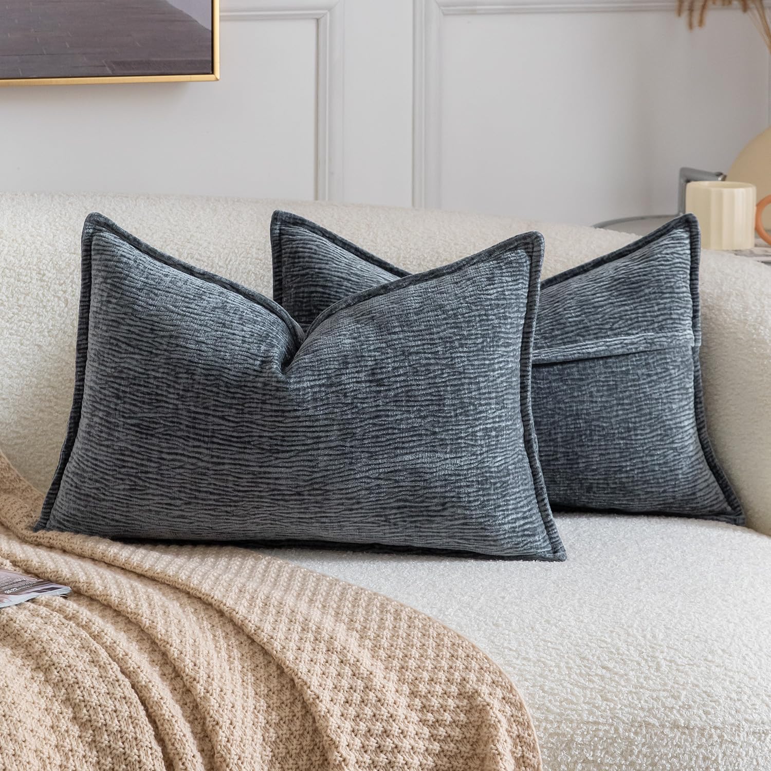Madizz Pack of 2 Decorative Cushion Covers Soft Chenille Throw Pillows Solid Textured Throw Pillow Covers for Couch Sofa Bedroom Living Room 30x50 CM, Grey Blue โ image 1