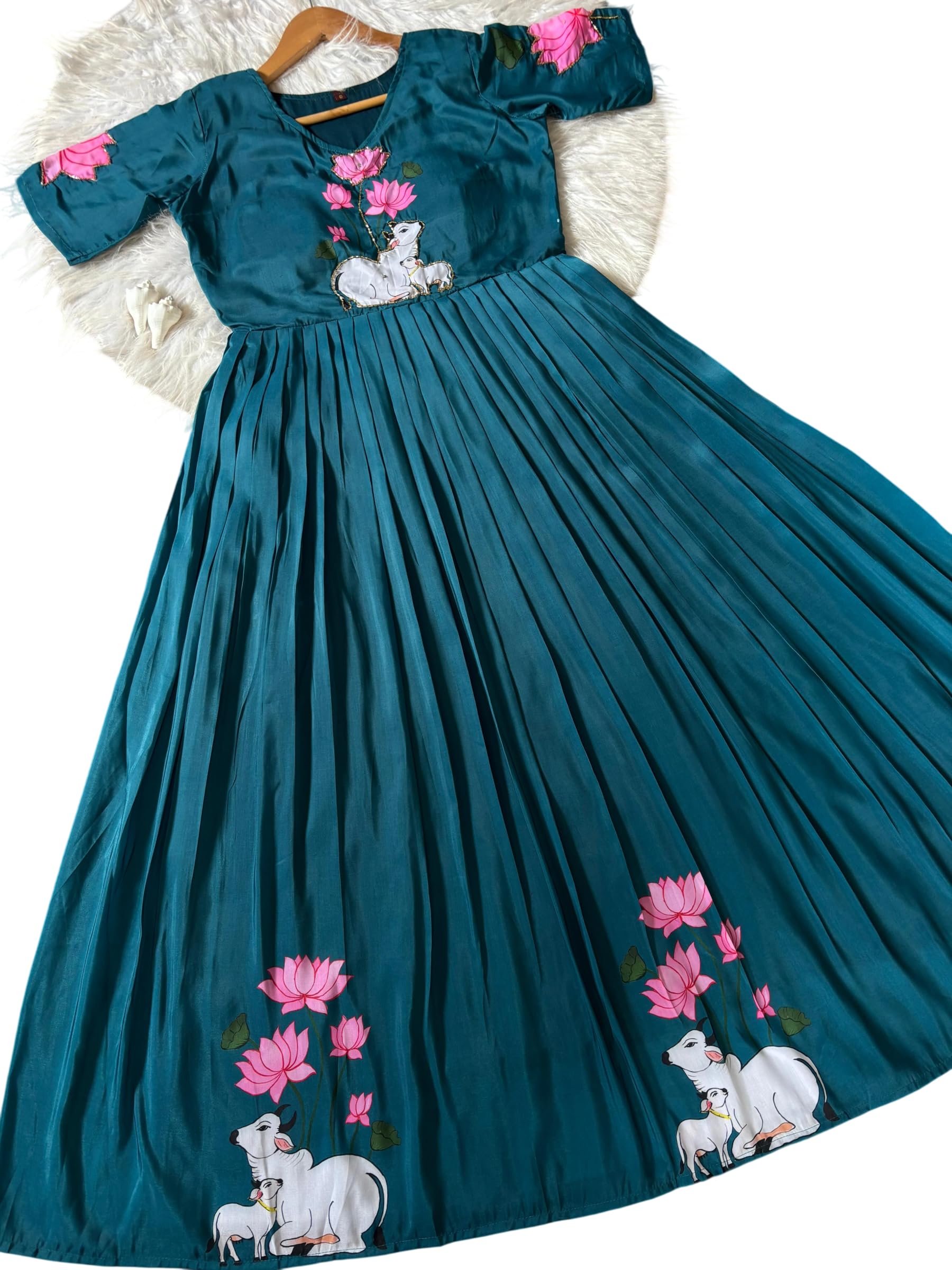 Black Anarkali Gown with Pichwai Print, Lotus and Cow Motif, V-Neck, Flared Ethnic Maxi Dress (in, Alpha, M, Blue)-image-23