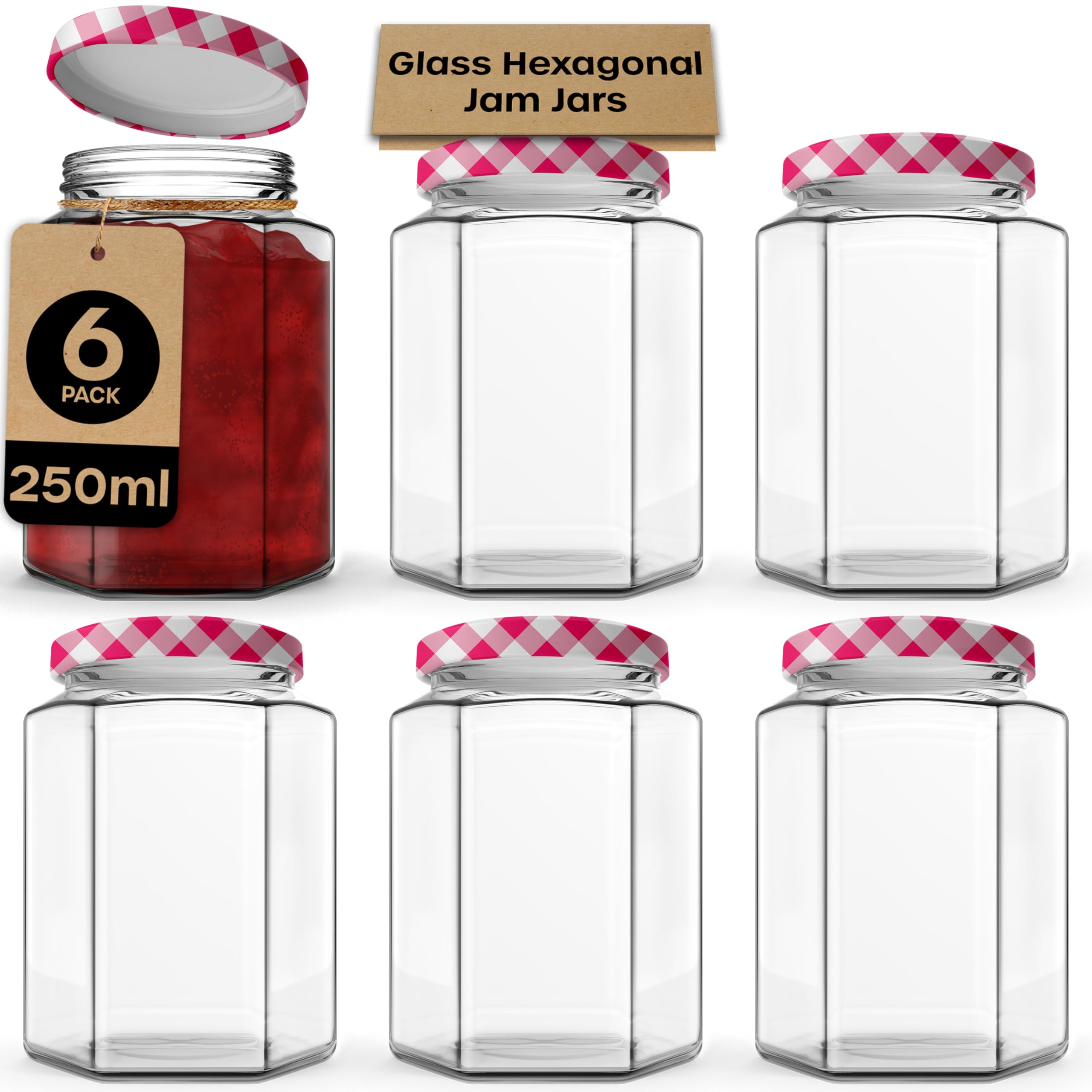 Jam Jars with Lids 250ml – 6 Pack Hexagonal Small Jars with Red Gingham Screw Top Lids – Airtight Glass Jars with Lids for Homemade Jam, Marmalade, and Chutney - Glass Jars with Lids