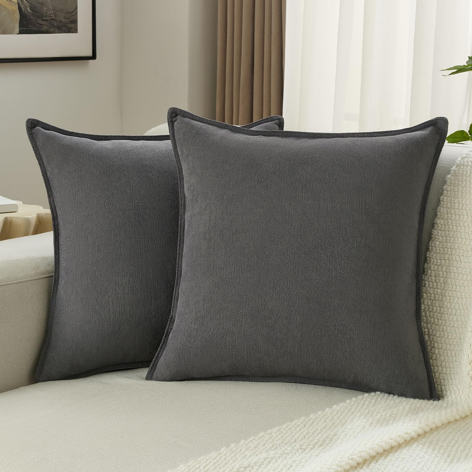 FUTEI Set of 2 Soft Chenille 45x45 cm Cushion Covers Edges Stitched Piped Scatter Pillow Covers 45 x 45 cm Modern Farmhouse Accent for Sofa Bedroom Living Room, Dark Grey