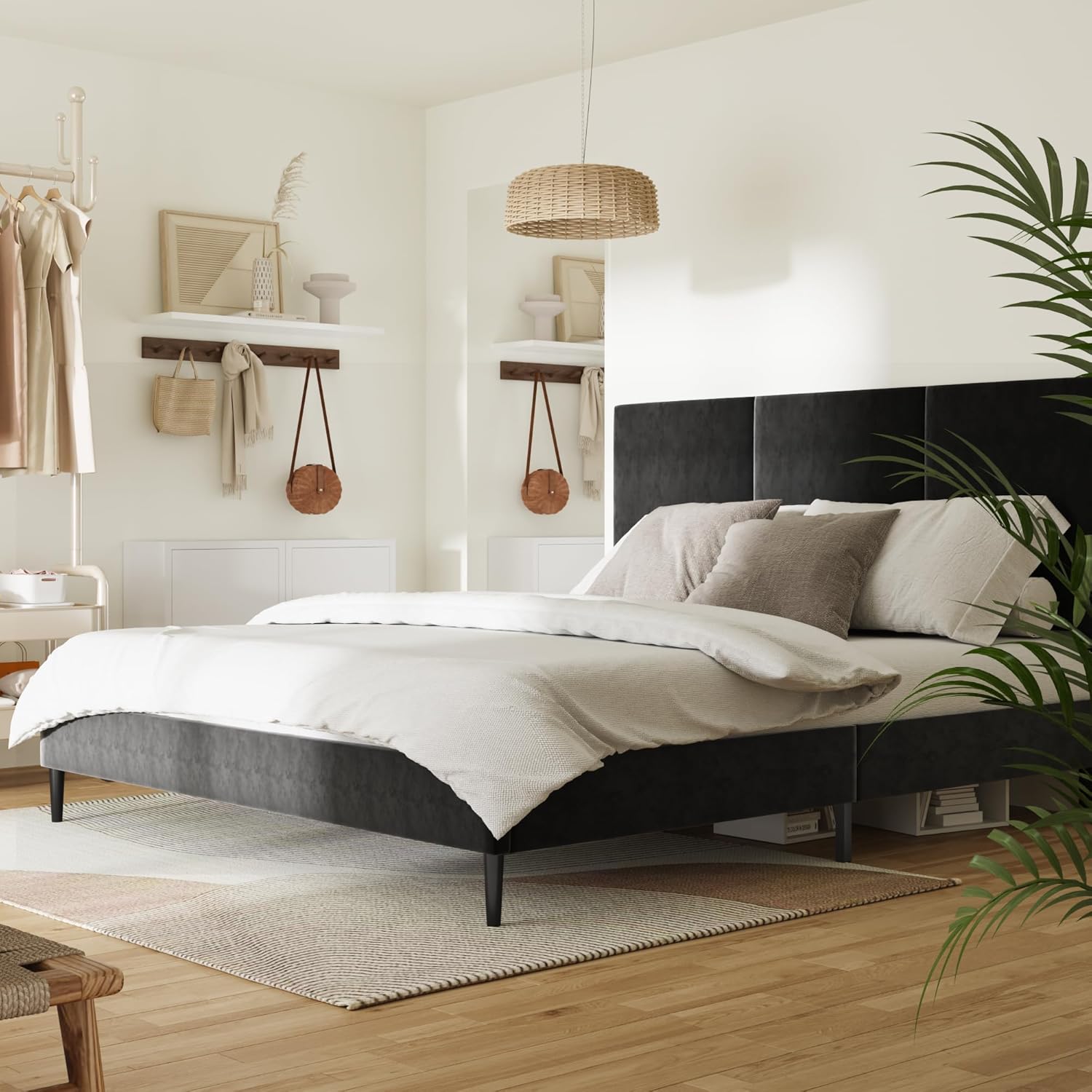 King Size Bed Frame with Upholstered Headboard, Sturdy Wood Slats, No Box Spring Required, Silent, Easy Assembly,Black