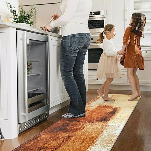 Miniatura 6 de KIMODE Tapetes de cocina antifatiga, juego de 2 alfombras de cocina de color naranja abstracto de granja, antideslizantes, impermeables, tapetes de