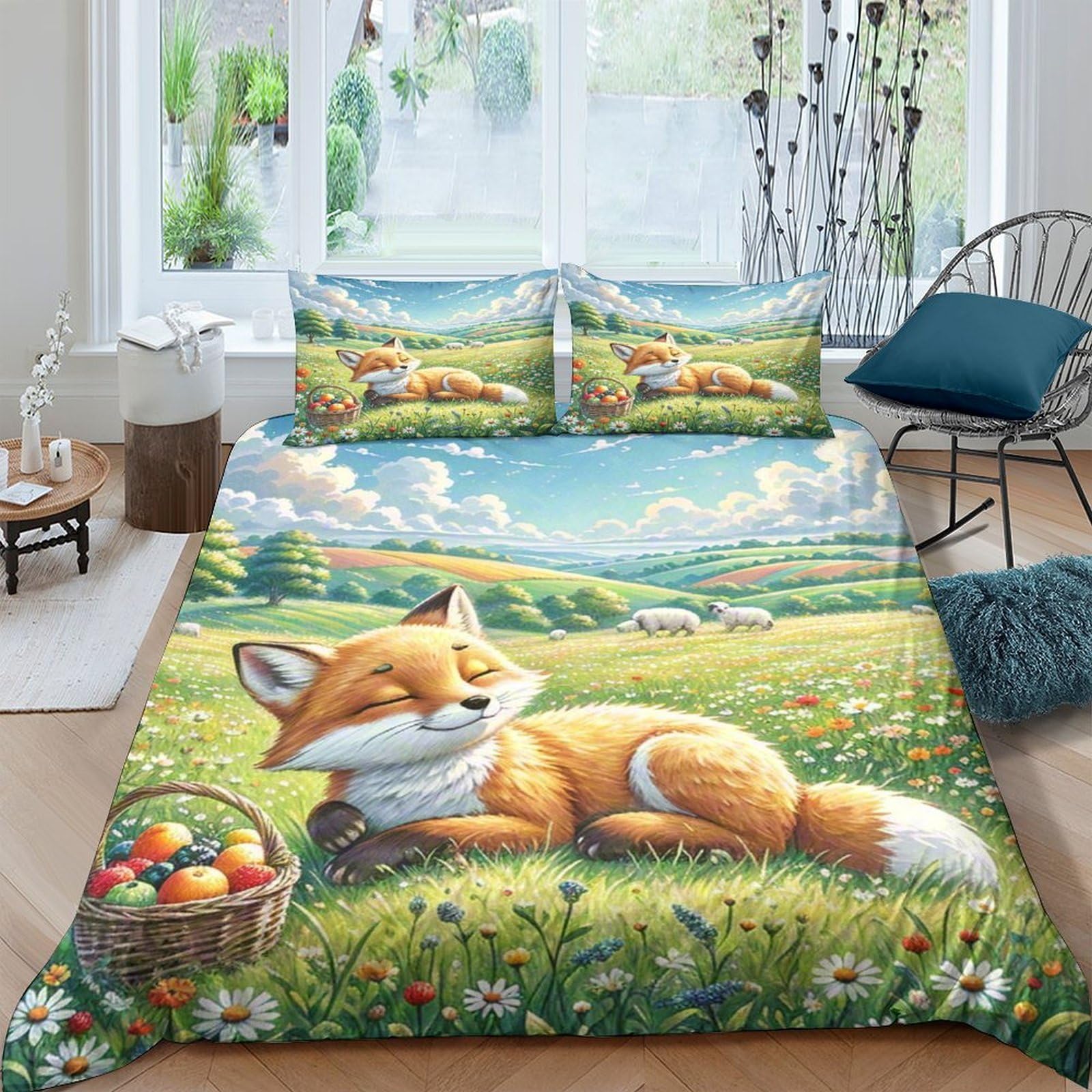 Ctjqhvkz Style-10 3D Printed Sleeping Fox Fitted Sheet Microfiber Pastoral Meadow Mattress Cover For Bedroom Guest Room Decor Single（135X200cm）