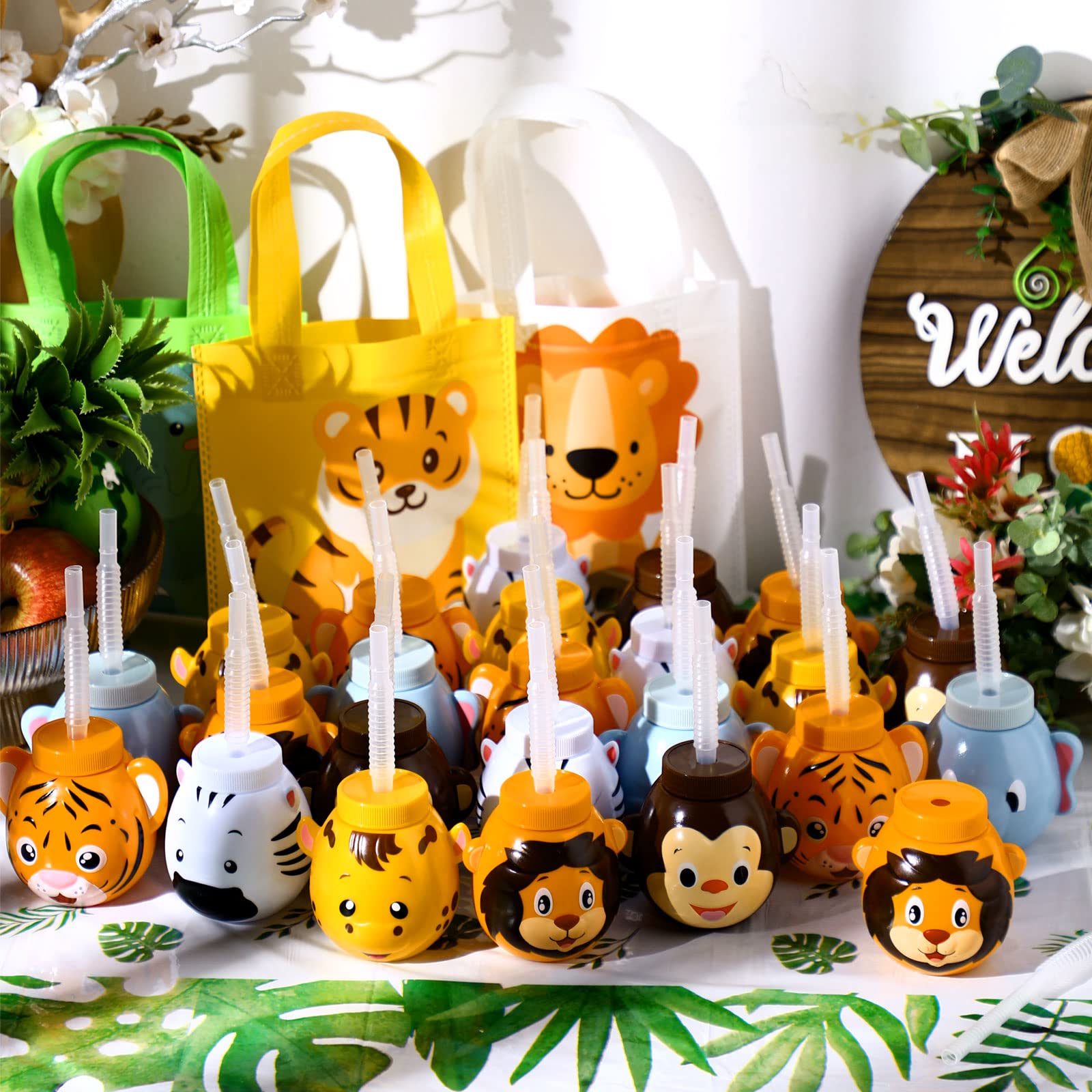 Hoolerry 24 juegos de vasos 3D de animales del zoológico con pajitas y tapas flexibles de 10 onzas, vasos de plástico reutilizables con temática de safari y selva, vasos esculpidos para cumpleaños