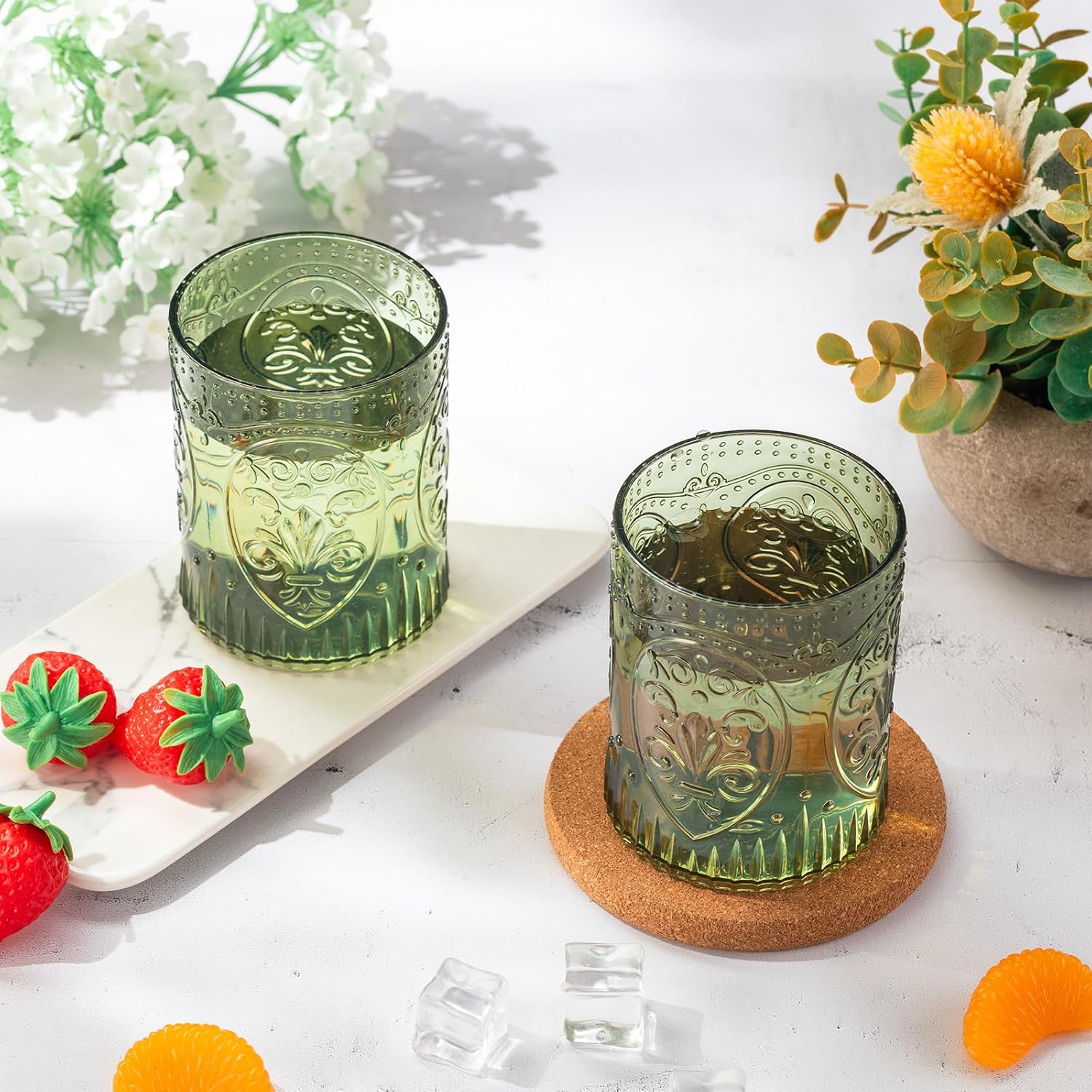 Qinyoung 24 Plastic Vintage Drinking Glasses 8.5oz Stemless Retro Embossed Wine Glasses Shatterproof Reusable Cups for Baby Shower Wedding Reception Grand Event Party (Dark Green)