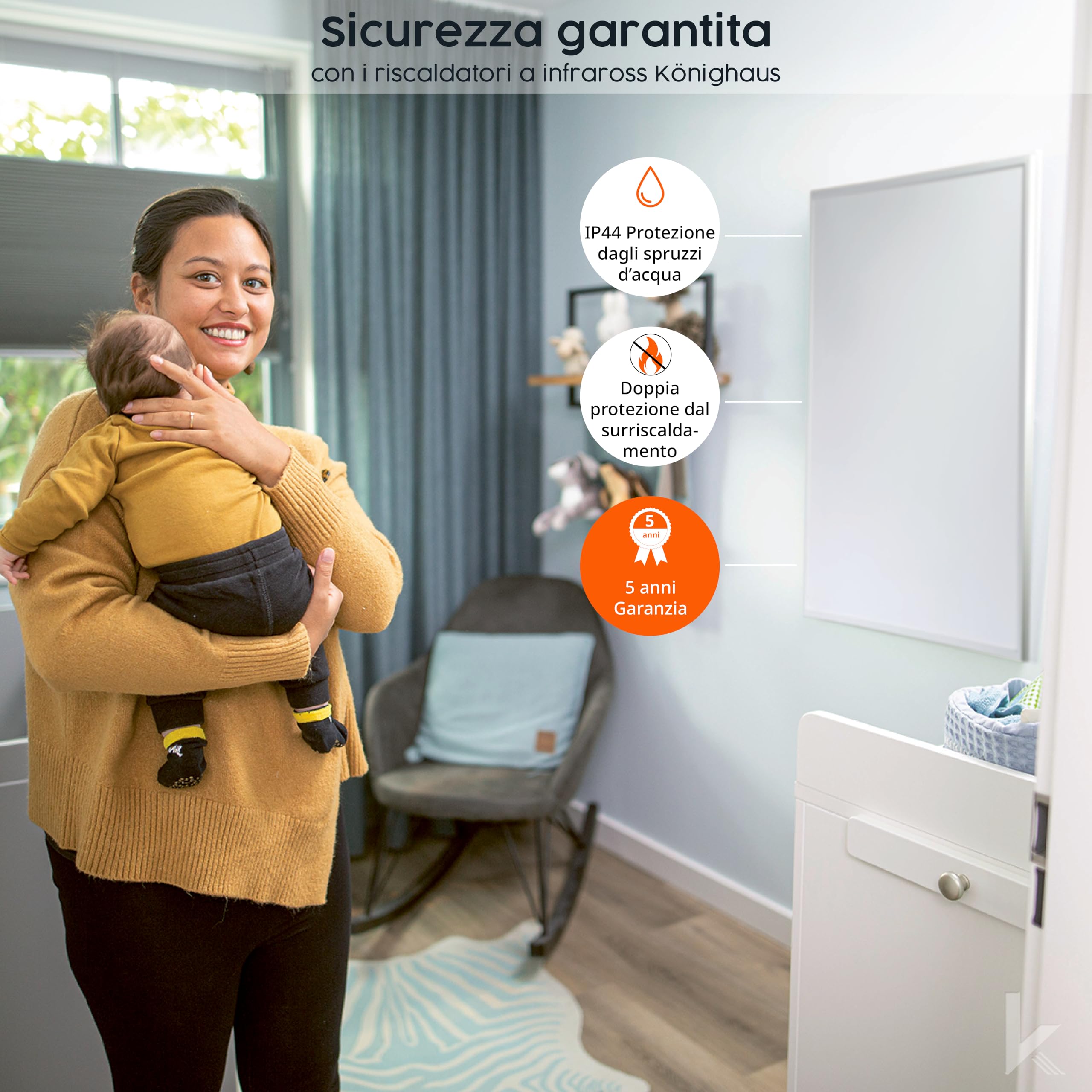 Riscaldatore a infrarossi Könighaus - 1000 watt - Eco-Modello ✓ Doppia protezione anti-surriscaldamento ✓ Temperatura di esercizio in 2-4 min ✓ Montaggio a parete ✓ Termostato