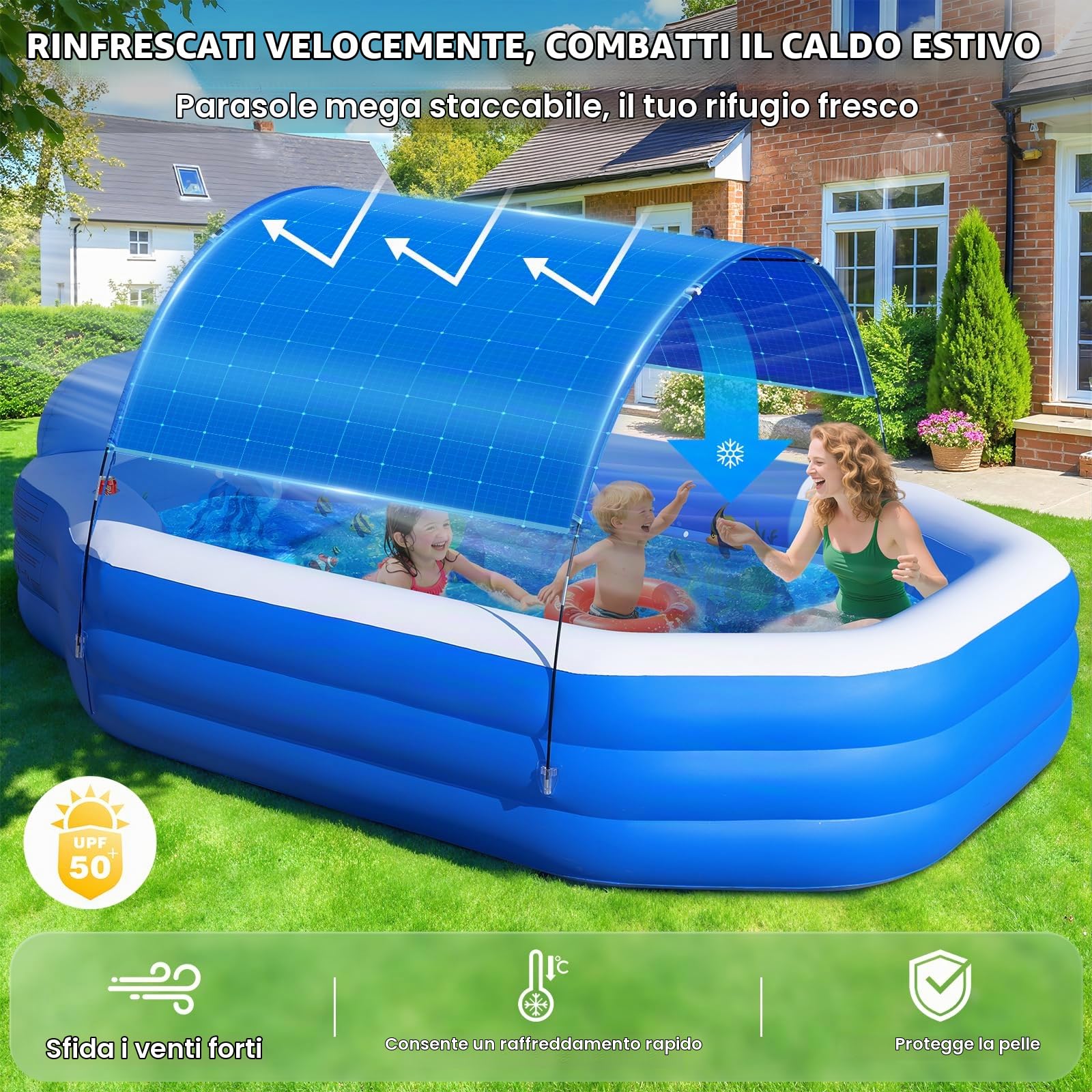 ChlorBlu Piscina Gonfiabile Grande con Tettoia, 300x190x55cm Piscina Gonfiabile per Adulti, Piscine Gonfiabili Familiari Resistenti e Rinforzate con Sedili, Piscina Familiare per Giardino Esterno