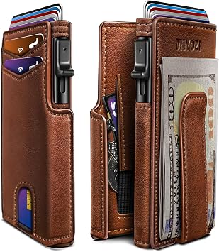 miyozi Wallet for Men, Magnetic Minimalist Slim Wallet with Pop Up Card Holder, 9 Cards RFID Blocking Metal Credit Card Case, Leather Wrapped Money Clip, ID Window & Small Item Slot, Gift Boxed