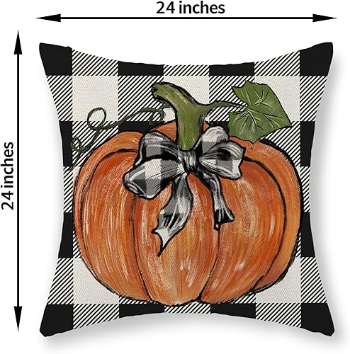 Miniatura 111 de Juego de 2 fundas de almohada de otoño de 18 x 18 pulgadas, hojas de arce de calabaza y búfalo a cuadros, decoración de otoño, de lino, Acción