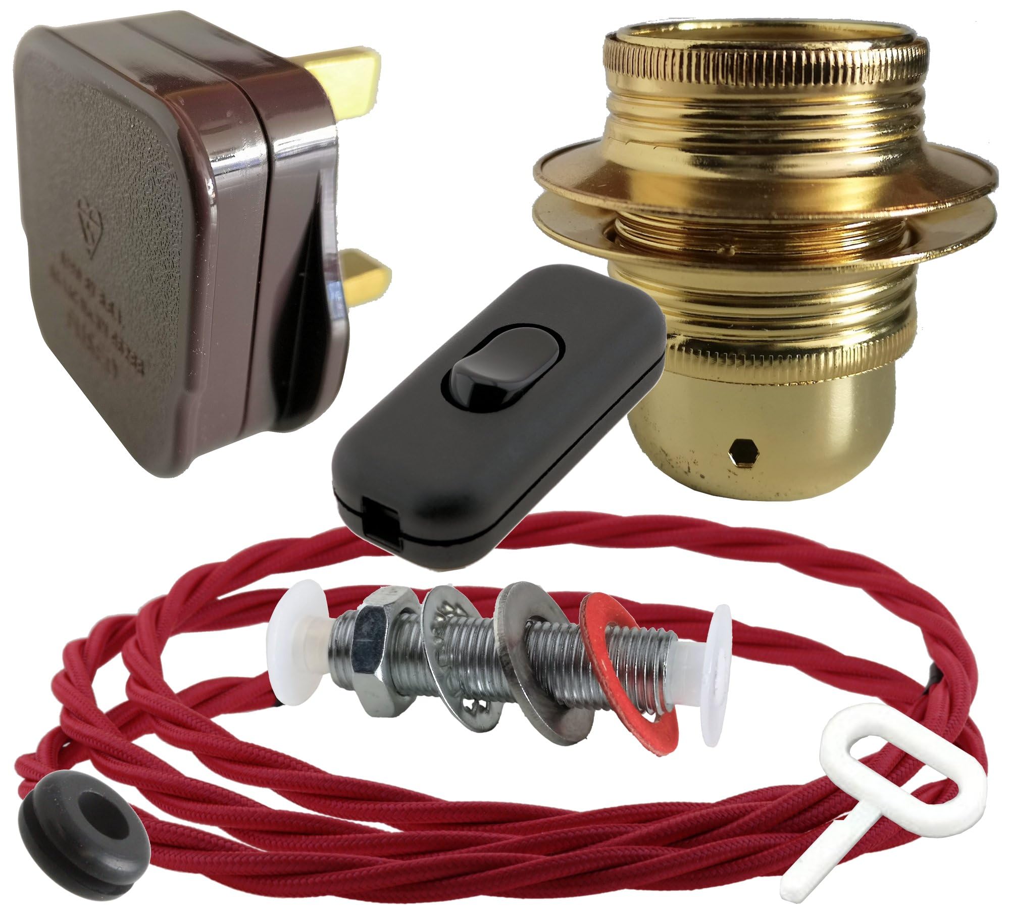 Art Deco Emporium Lamp Repair and Service Kit|Brown Plug|Bright Red Flex|Black Switch|E27 Brass Finish Lamp Holder Holder
