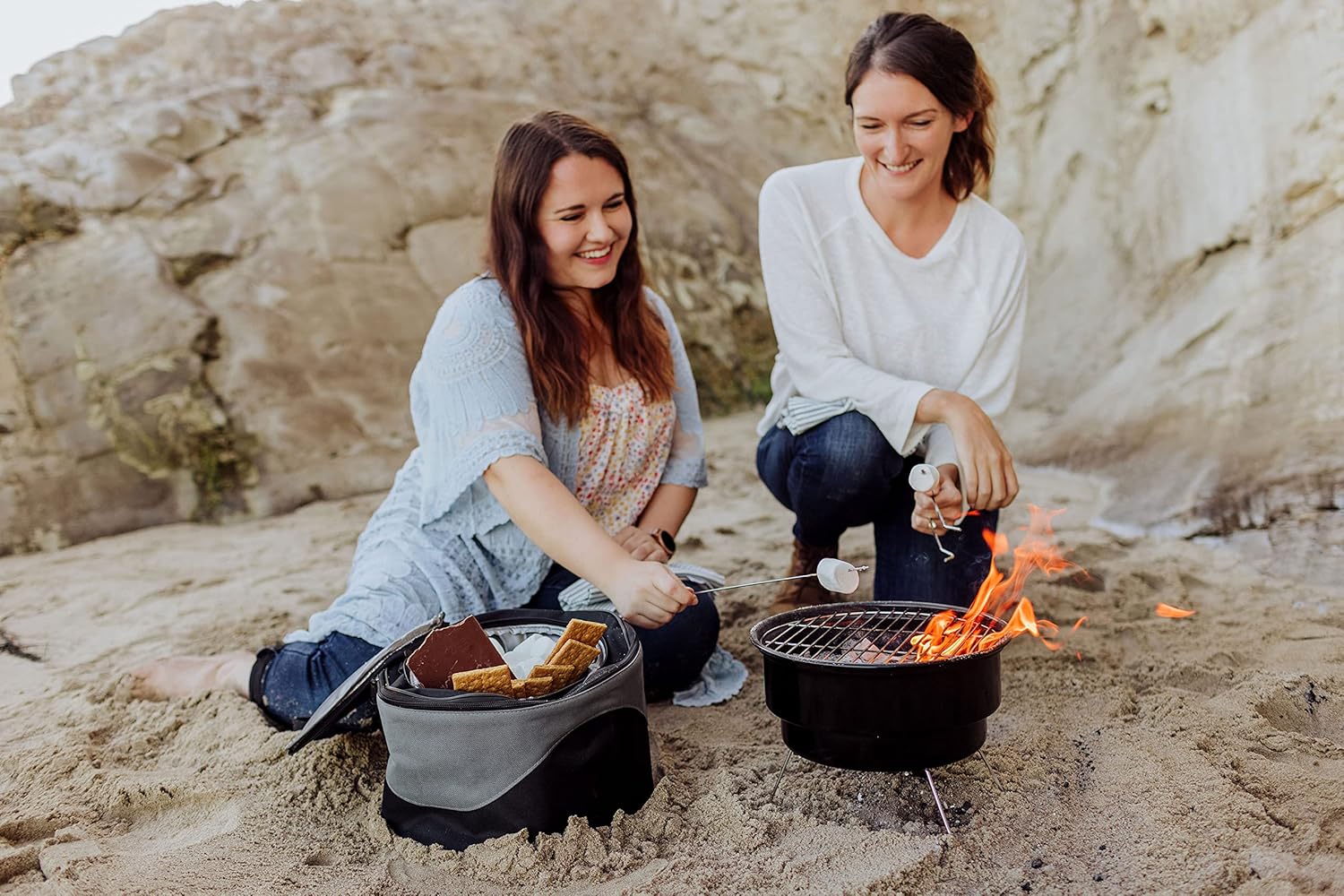 PICNIC TIME Caliente Portable Charcoal Grill & Cooler Tote, Take Anywhere BBQ Grill with Enameled Fire Bowl and Carrying Tote that Doubles as Cooler for Outdoor Cooking Use, (Black with Gray Accents)