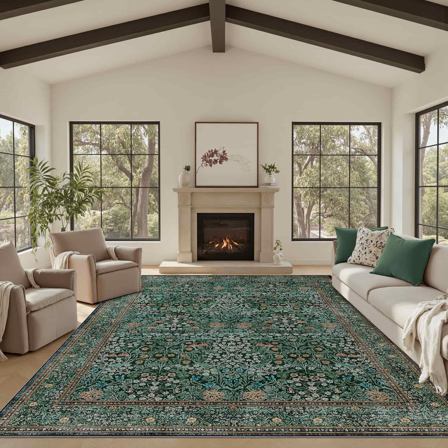 8x10 Area Rugs for Living Room, Large Washable Rug, Green Vintage Floral Boho Rug, Non Slip & Low Pile Faux Wool Thin Carpet for Indoor Dining Room and Bedroom(Dark Green 8x10ft) Dark Green 8' x 10' (Rectangular)