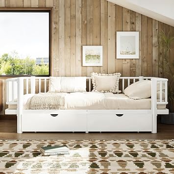 Metal Full Size Daybed with Storage Drawers, Convertible Daybed to Platform Bed Frame with Removable Guardrail, Full Size Low Profile Day Bed Frame with Solid Metal Slats, No Box Spring Needed, White