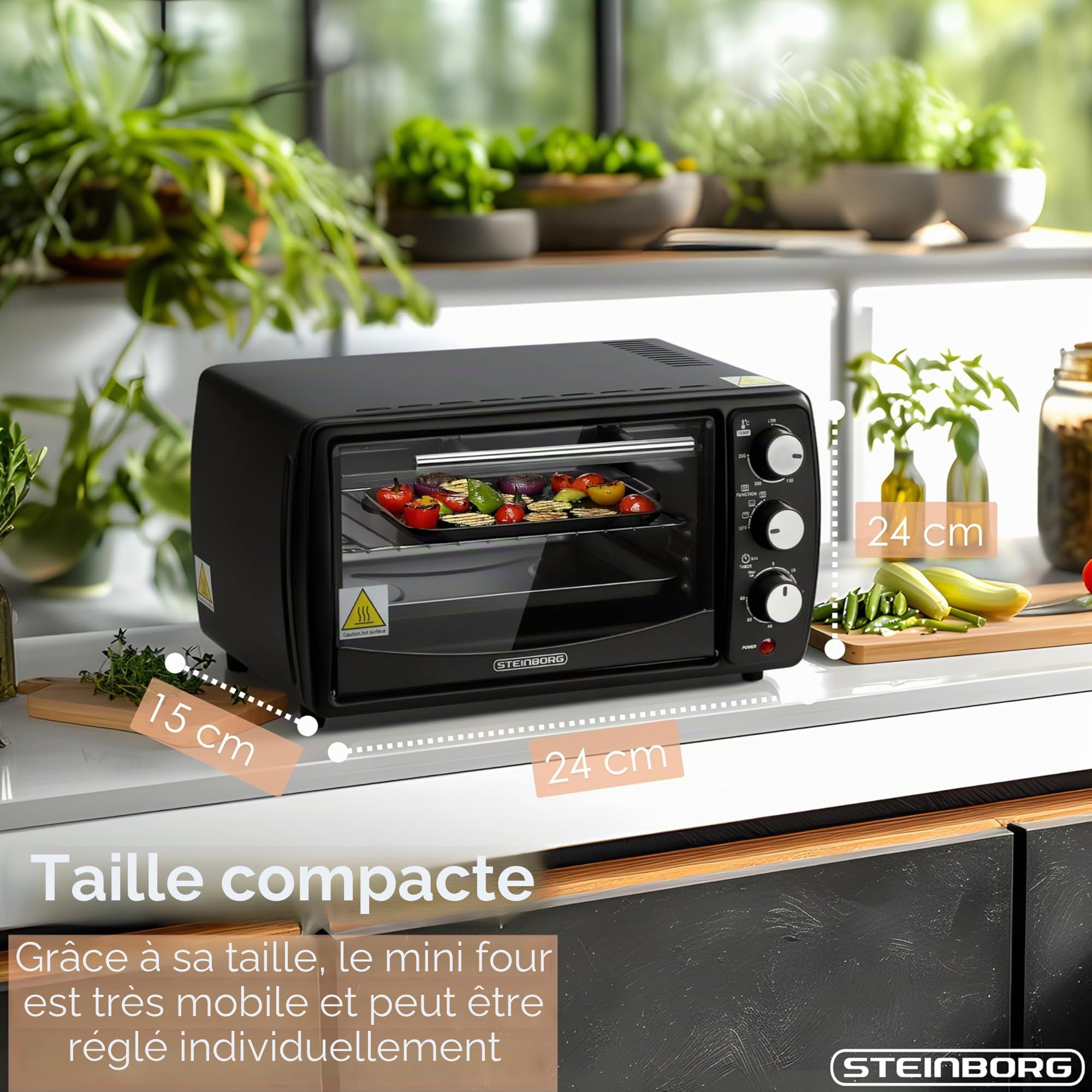 Steinborg Mini four 13 l - Plaque ramasse-miettes - Chaleur supérieure et inférieure - 1200 W - Mini four avec minuteur - Petit four pour le camping ou la maison - Autonome - Réglage en continu de la