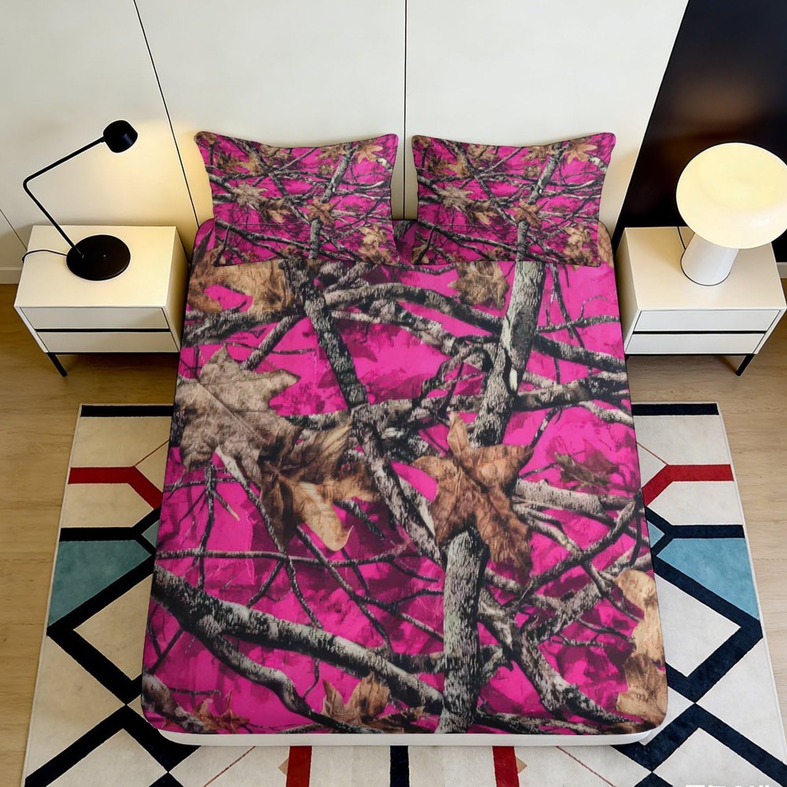 3D Printed Pink Camouflage Fitted Sheet Microfiber Durable Soft 3D Printed Autumn Leaves Mattress Cover for Bedroom Dormitory Guest Room 160x200x25cm